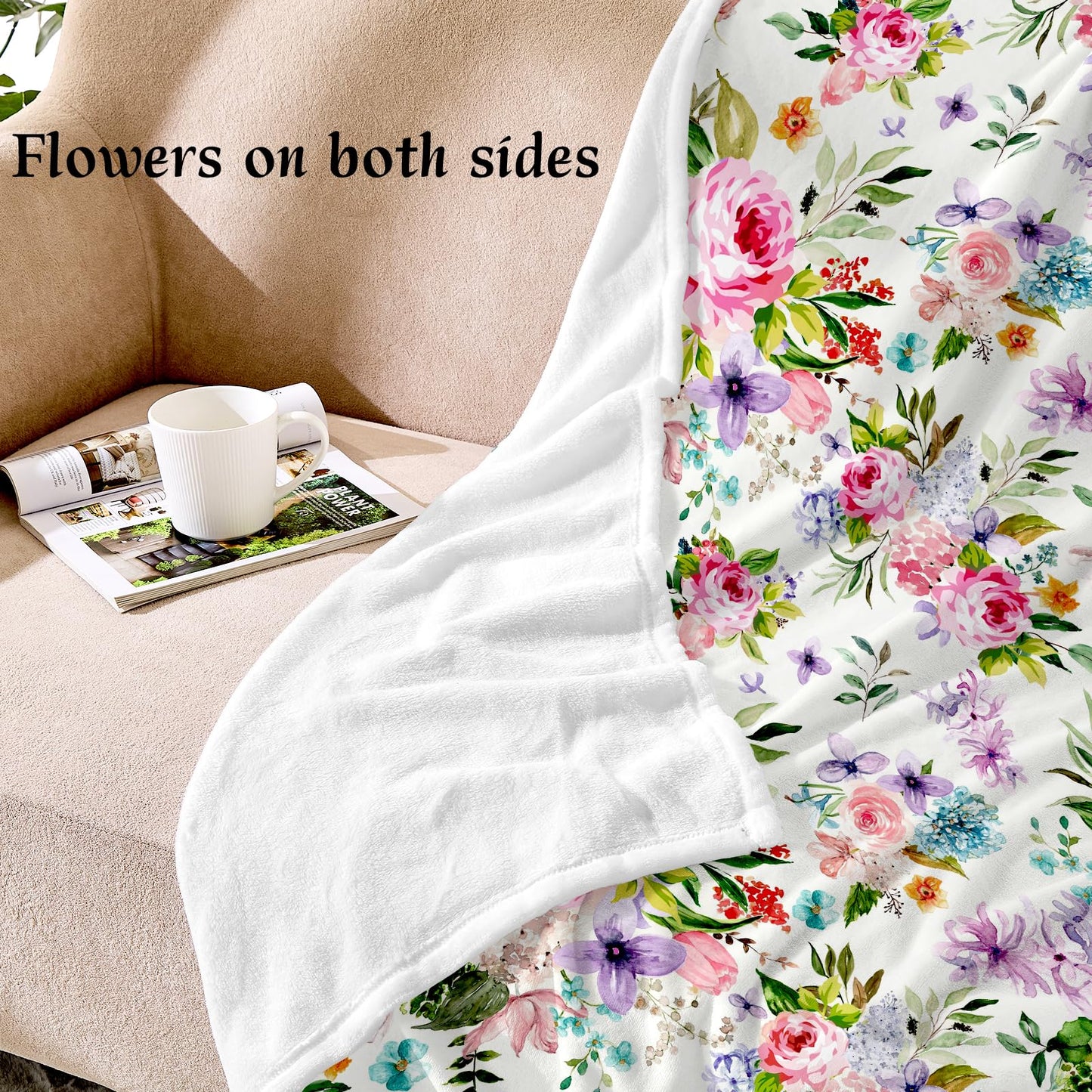 Jeyfull Floral Flannel Fleece Throw Blanket 50x60 Inches - Soft Plush Watercolor Flowers Print Blanket for Couch Bed Camping - Warm Lightweight Gifts for Women