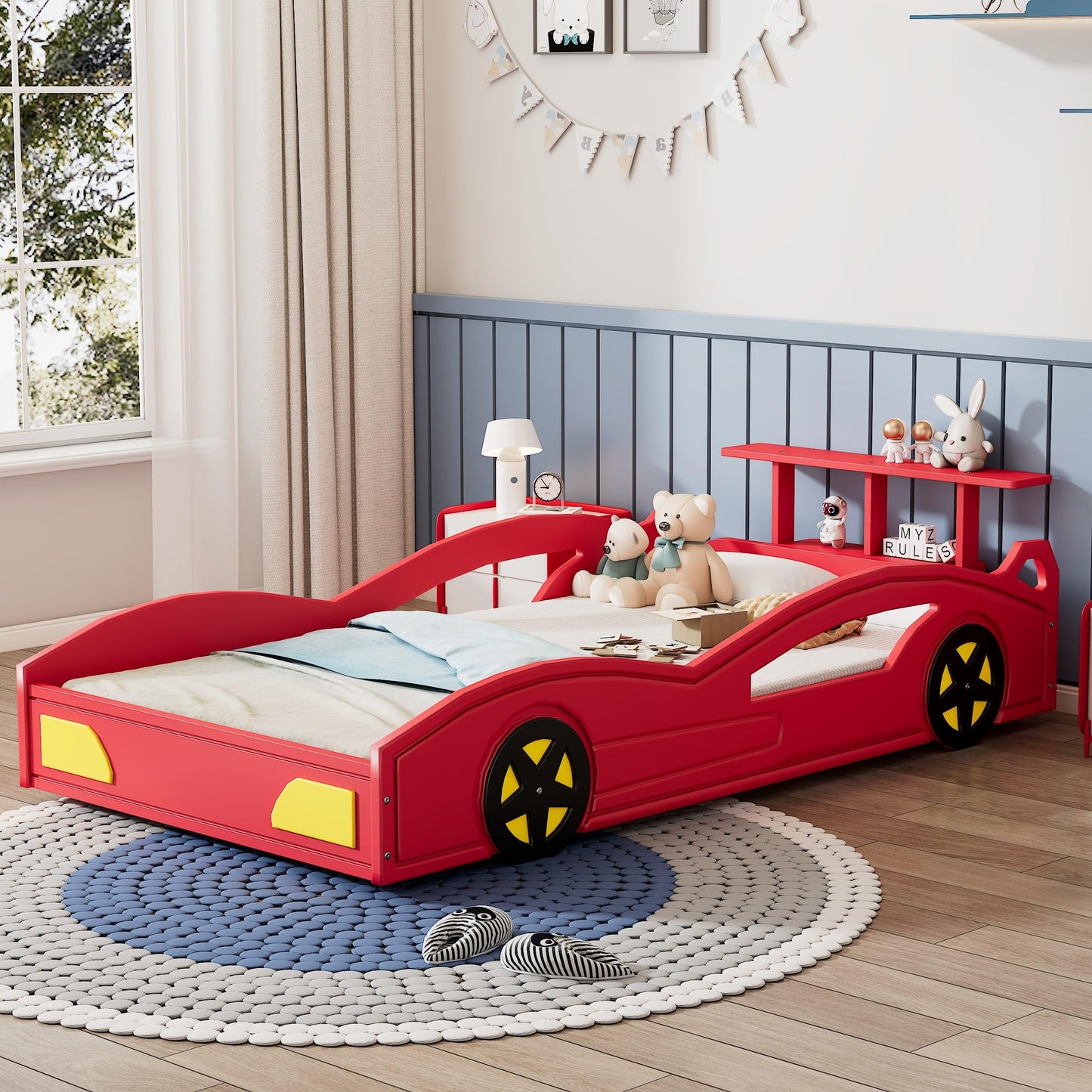 LUMISOL Twin Size Bed Frames for Kids, Race Car-Shaped Platform Bed Frame with Wheels & Guardrails for Boys Girls, No Box Spring Needed, Red+Yellow