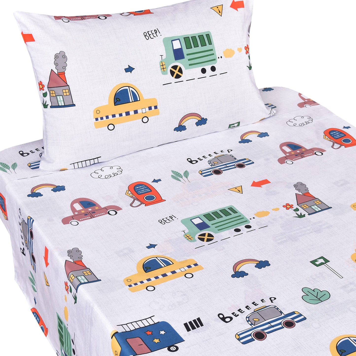 J-pinno Cars Bus Traffic Transport Boys Twin Sheet Set Bedroom Decoration Gift, 100% Cotton, Flat Sheet + Fitted Sheet + Pillowcase Bedding Set (12, Twin)