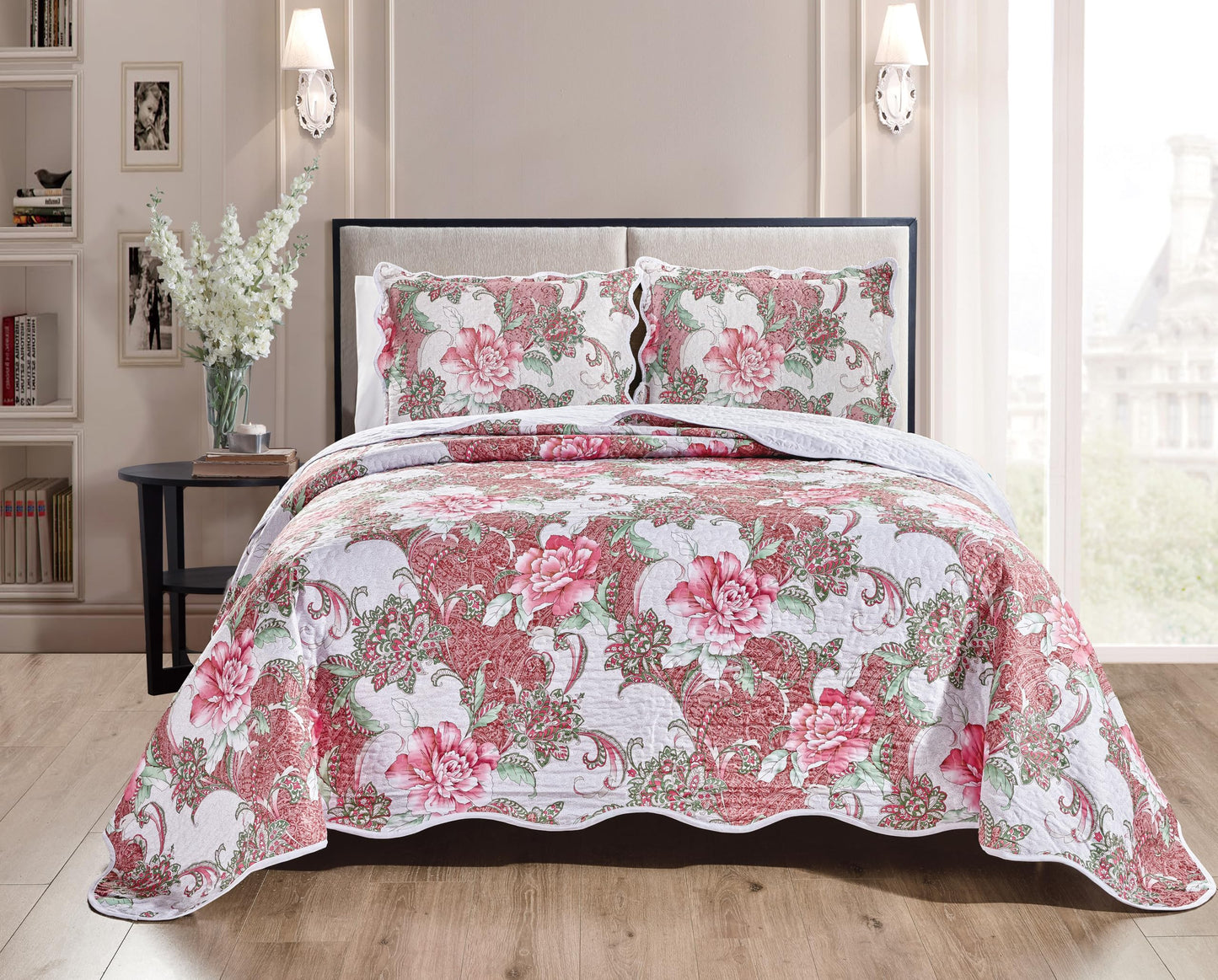 Grand Linen 3-Piece Queen Size Wave Edged Oversized Quilt Set 100 inch X 106 inch All Seasons Large Bedspread, Pillow Shams Lightweight Soft Coverlet Pink Green White Colors Bed Cover Floral Pattern
