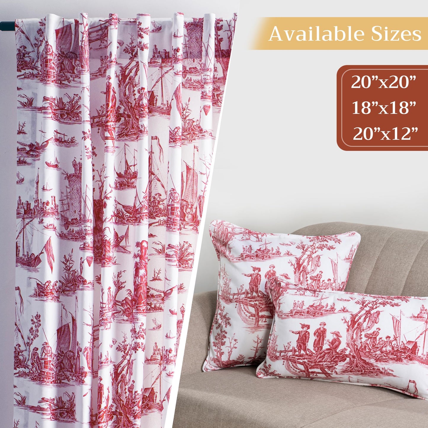 Maison d' Hermine Decorative Pillow Covers 18 x 18 inch Square 100% Cotton Toile Throw Pillow Covers with Invisible Zipper for Couch Chair Sofas Spring Summer (Calais - Red (White Base))