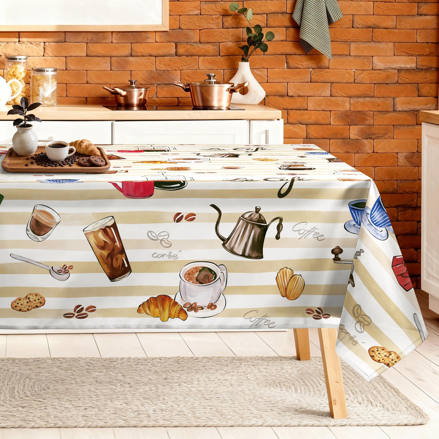 Arquiel Coffee Themed Table Cloth Rectangle Machine Washable Tablecloth, 55 * 70 inch, Polyester Table Cover for Kitchen Dinner Party Outdoor Decor Gifts for Coffee Lovers