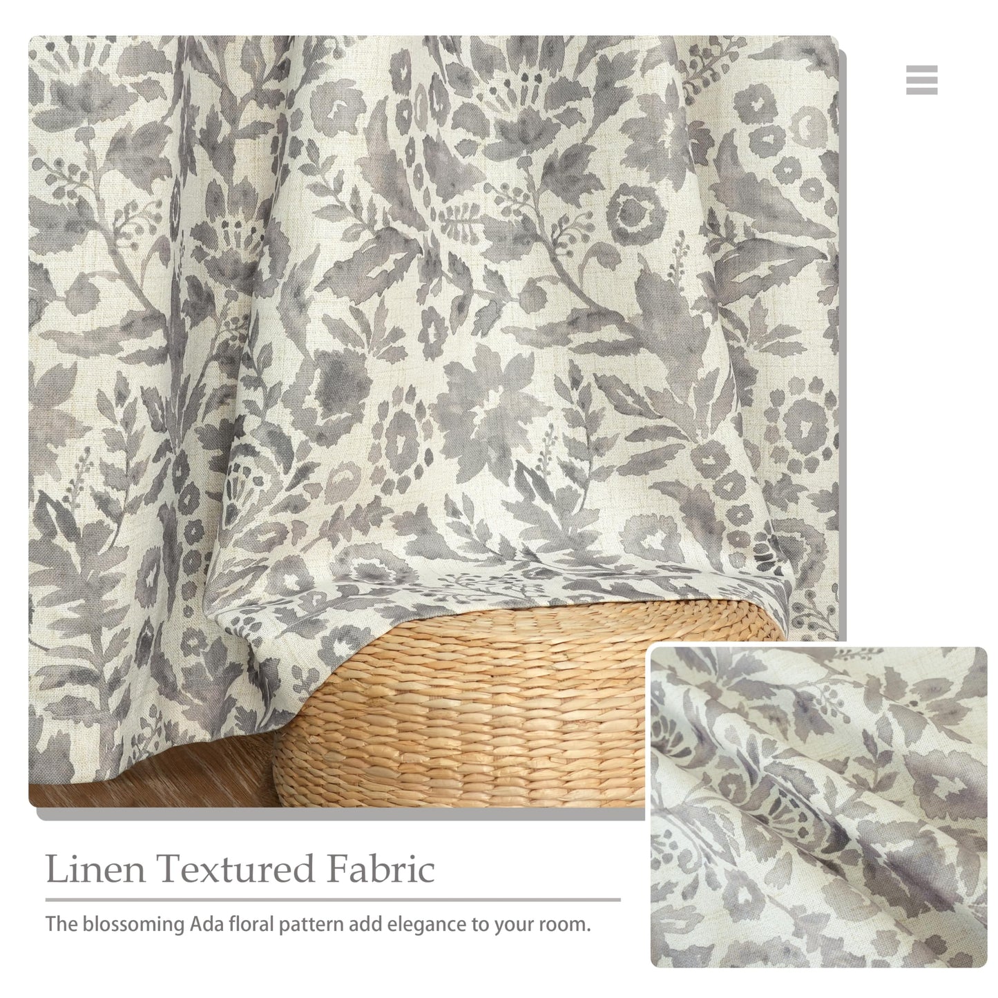 DriftAway Julia 100% Blackout Linen Curtains for Bedroom Gray Floral Watercolor Pattern Double Layer Thermal Insulated Sound Reducing Drapes for Living Room Grommet 2 Panels Each W52 x L84 Linen Gray