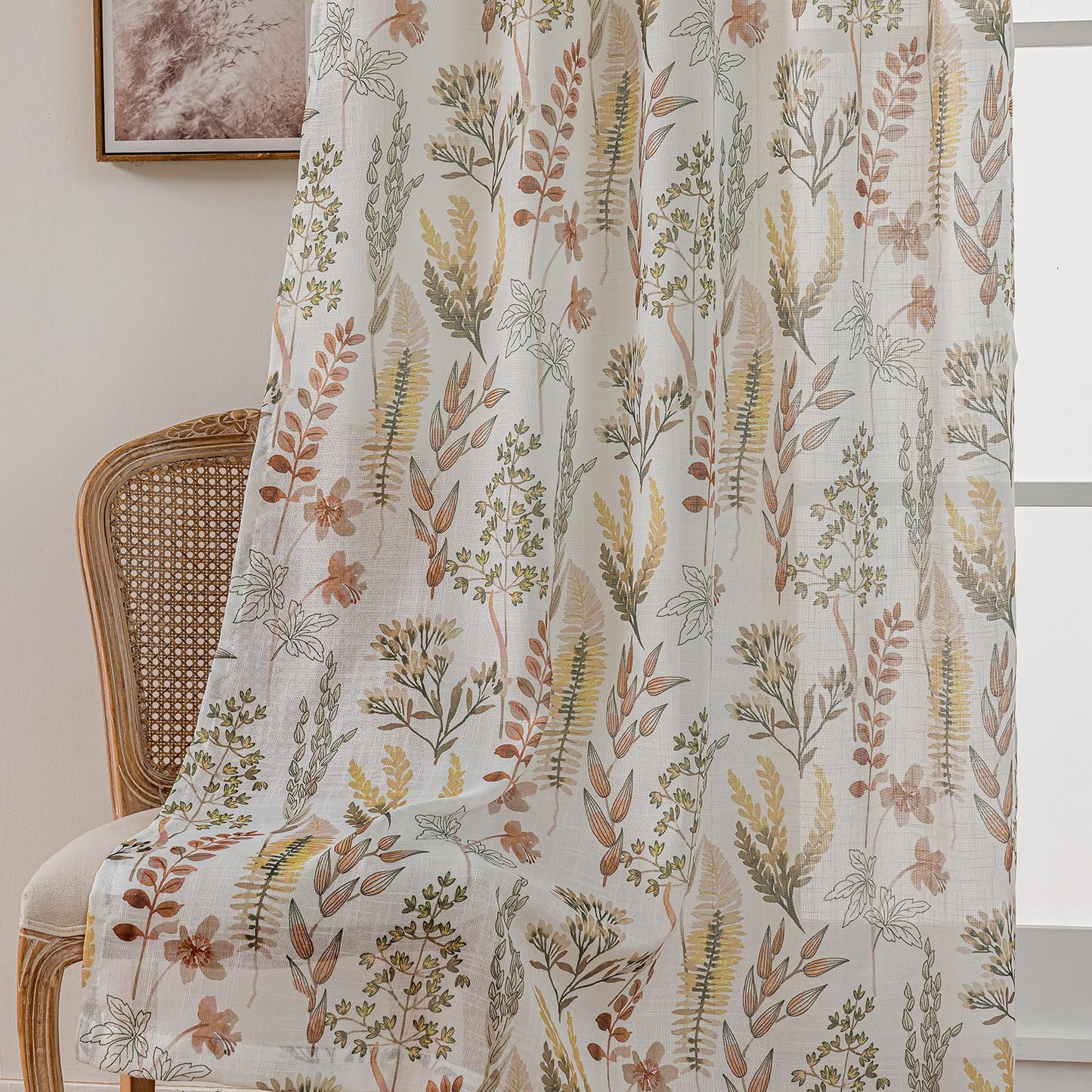 SUOUO Red-Brown Tropical Leaves Semi Sheer Curtains Linen Textured for Living Room Patterned Wildflower 84 inches Long Window Drapes for Dining Bedroom 2 Panels