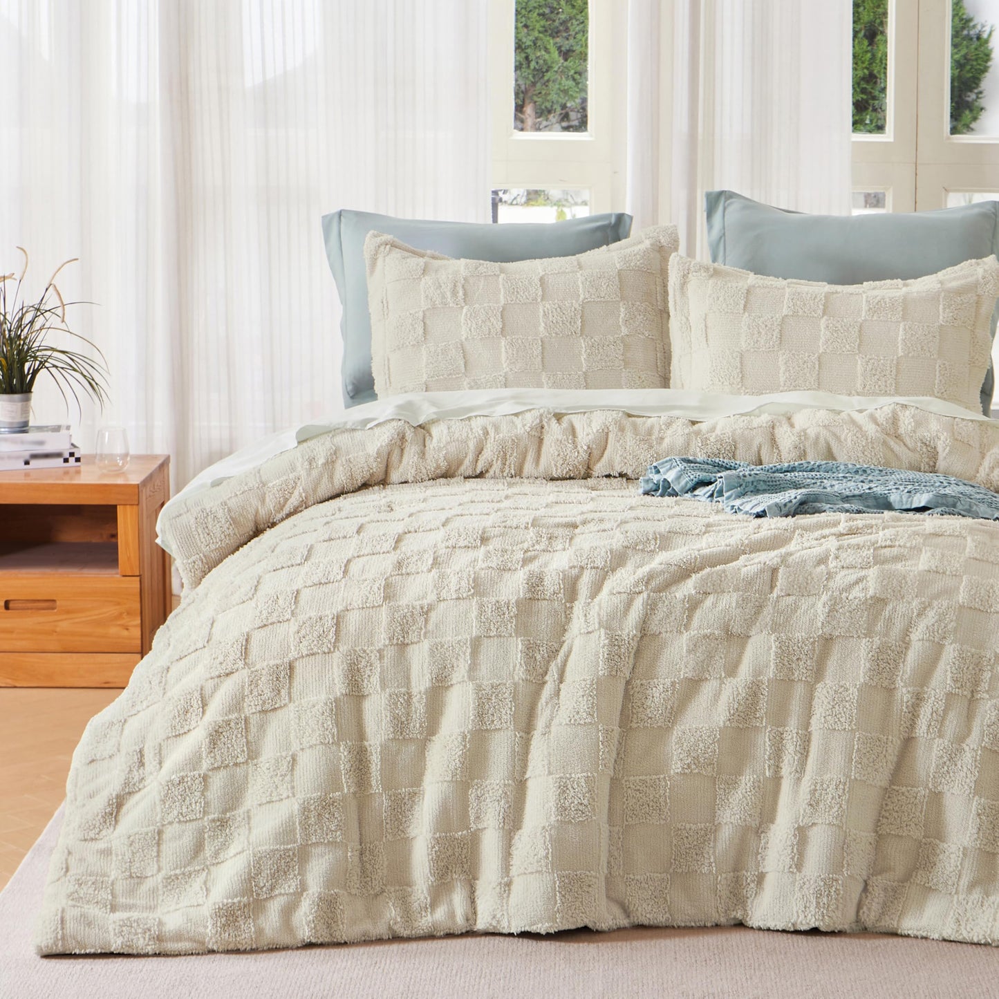 Joiedomi King Size Comforter Set, 3 Pieces Beige Boho King Bedding Set with 1 Plaid Geometric Comforter and 2 Pillow Shams, Checkered Bed in a Bag for All Seasons