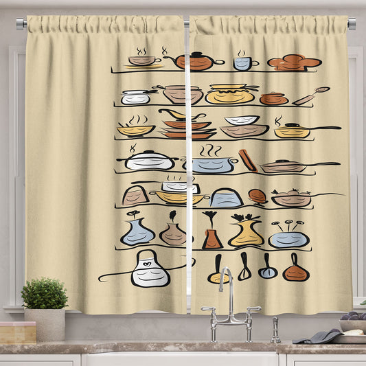 Ambesonne Vintage Kitchen Curtains, Kitchenware and Utensils Appliances Ornaments Spice Rack Funny Design Print, Window Drapes 2 Panel Set for Kitchen Cafe Decor, 55" X 39", Brown Cream