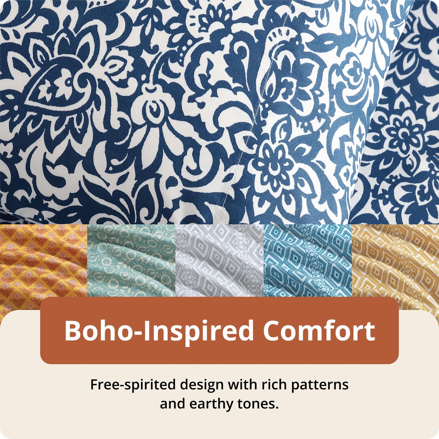 Indigo Ink Full Size 4-Piece Sheet Set - Fitted & Flat Sheets & Pillowcases, Boho Pattern, Soft, Breathable, Durable & Wrinkle Resistant, Deep Pocket Sheets, Tufted Medallion Collection Navy Blue