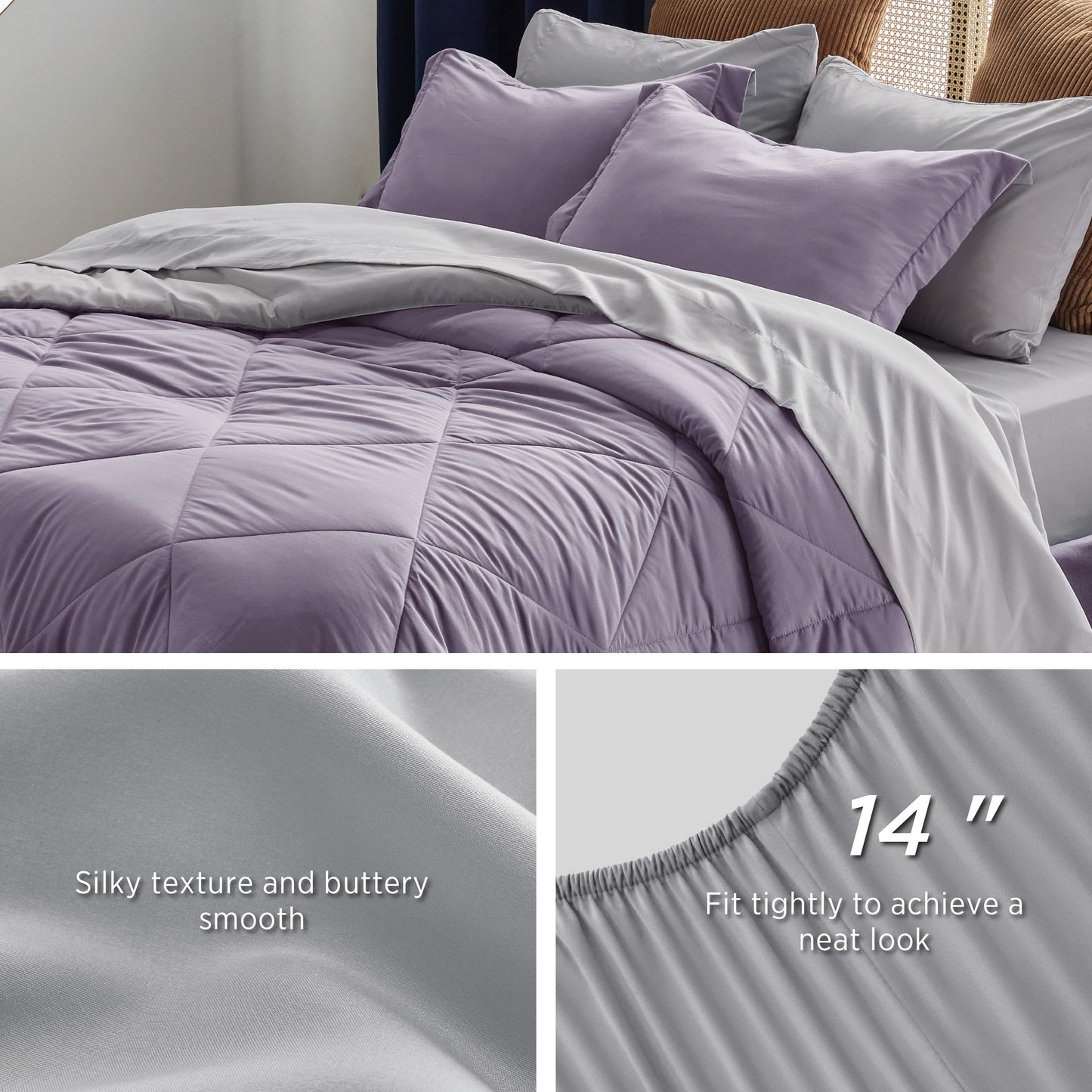 Bedsure Twin XL Comforter - 5 Pieces Reversible Grayish Purple Bed in a Bag, Twin XL Bedding Comforter Set College Dorm Essentials with 1 Flat Sheet, 1 Fitted Sheet, 1 Pillowcase and 1 Pillow Sham