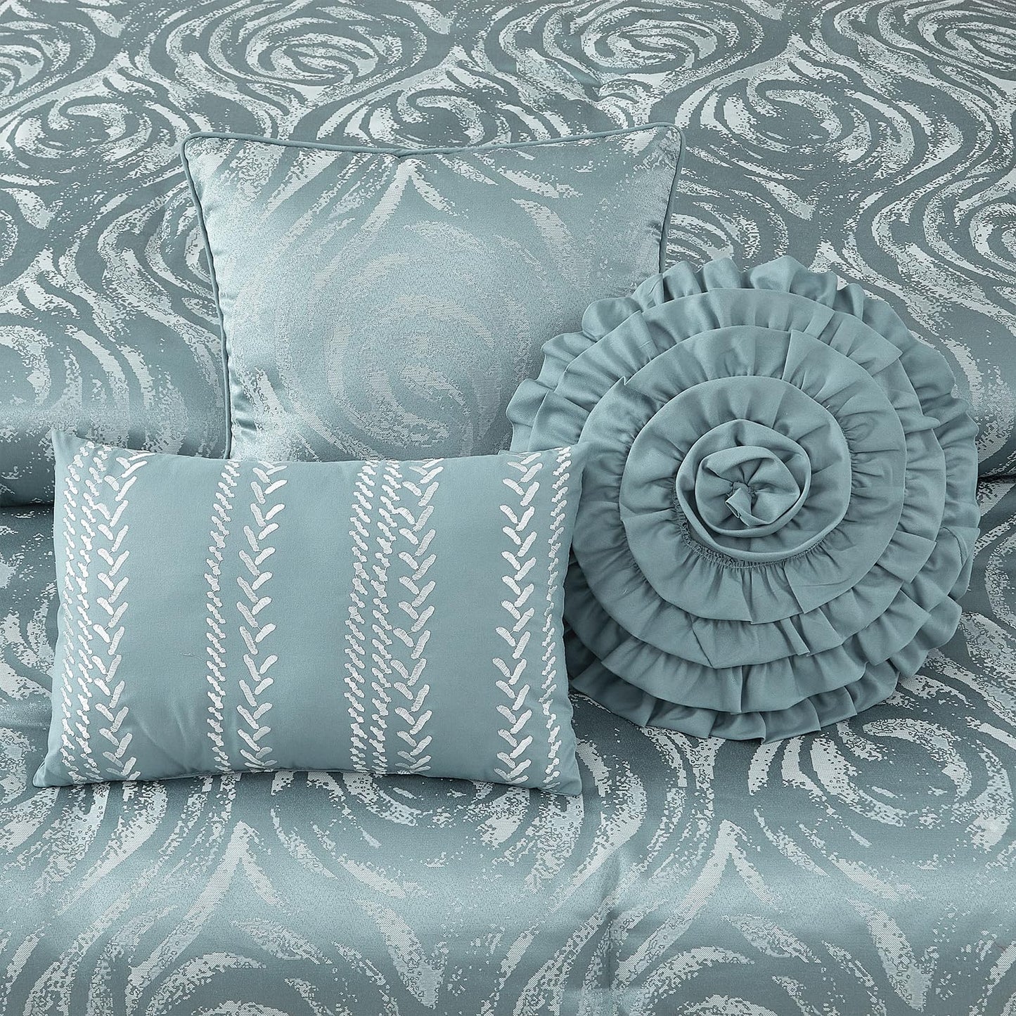 LANCO MODERN LIFESTYLE Blue 7 Piece Comforter Set, King, Elegant Floral Jacquard, Ultra Soft Bed Set for All Seasons, Bed in a Bag, Include Comforter, Bed Skirt, Pillow Shams & Decor Pillows