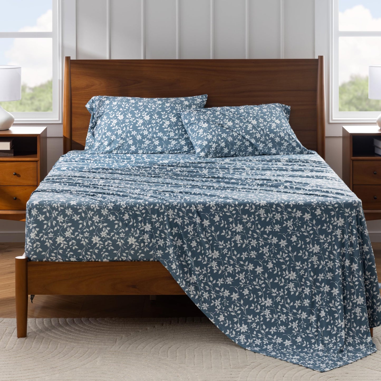 Berkshire Jersey Sheet Set – Cool-to-the-Touch, Soft & Breathable Knit Bed Sheets, Wrinkle-Free, Moisture-Wicking, Deep Pocket Fitted Sheet, 4 Piece Bedding Set, Queen, Bethany Floral Blue