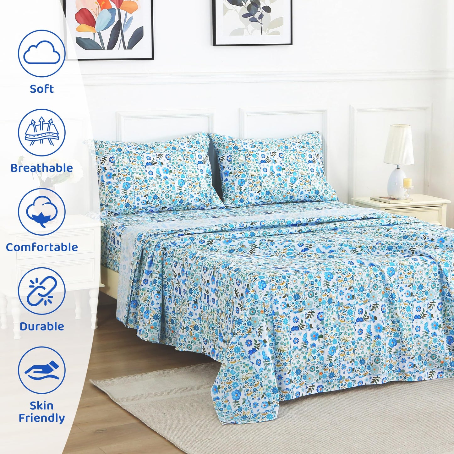 Mooreeke Cozy Pastoral Microfiber Printed Full Sheet Set - Soft & Breathable Blue Green Floral Patchwork Bed Sheets with Extra Deep Pocket - Non-Slip Fitted Design - Floral Patchwork Pattern - Full