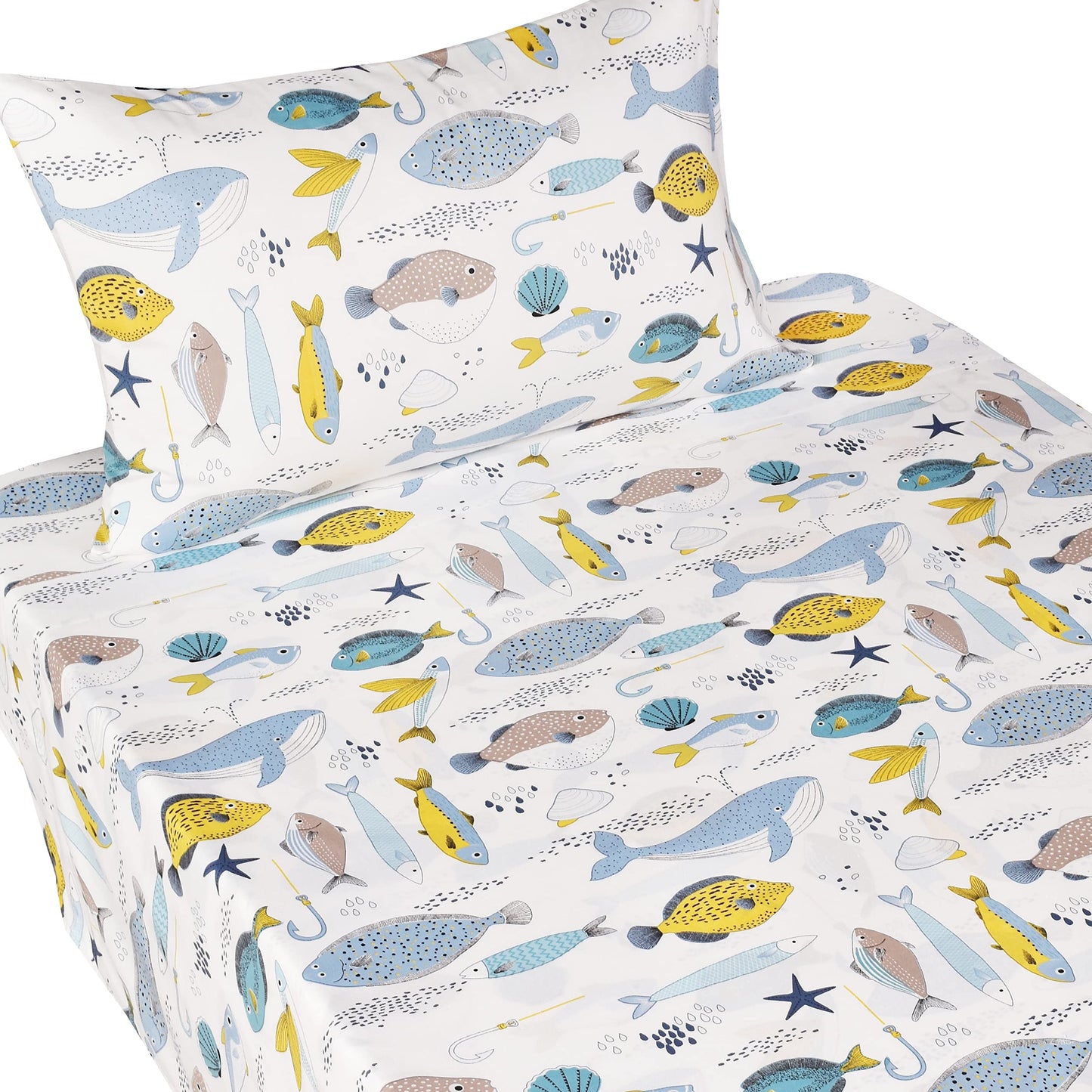 J-pinno Many Fish Sardine Pufferfish Flatfish Whale Ocean Sea Cartoon Twin Sheet Set for Kids Girls Boys Children 100% Cotton Flat Sheet + Fitted Sheet + Pillowcase Bedding Decoration Gift Set
