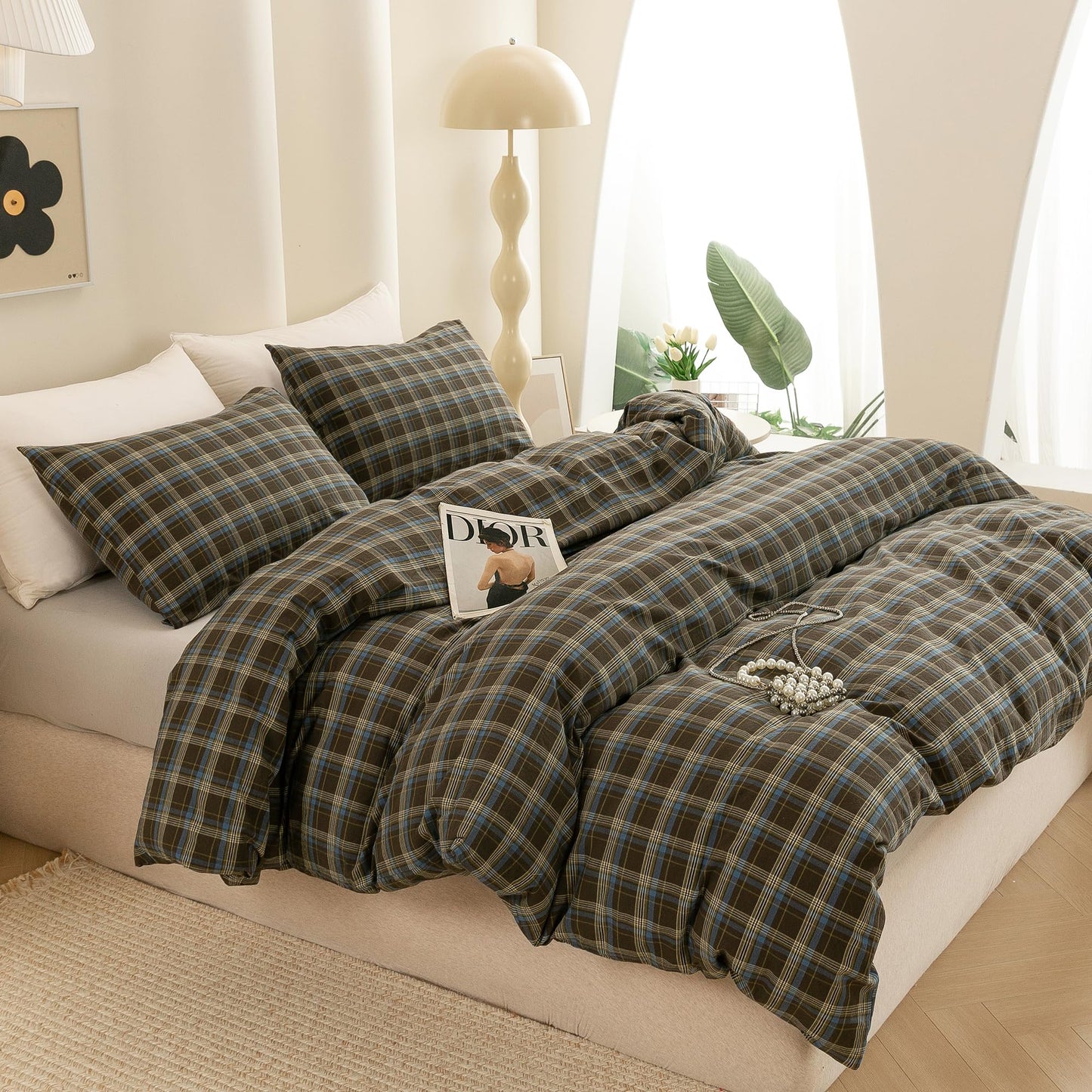 ECOCOTT Buffalo Plaid Duvet Cover Queen Size – 3 Piece Washed Cotton Brown & Blue Bedding Set, Soft & Breathable, Reversible Checkered Design with Zipper Closure & Corner Ties