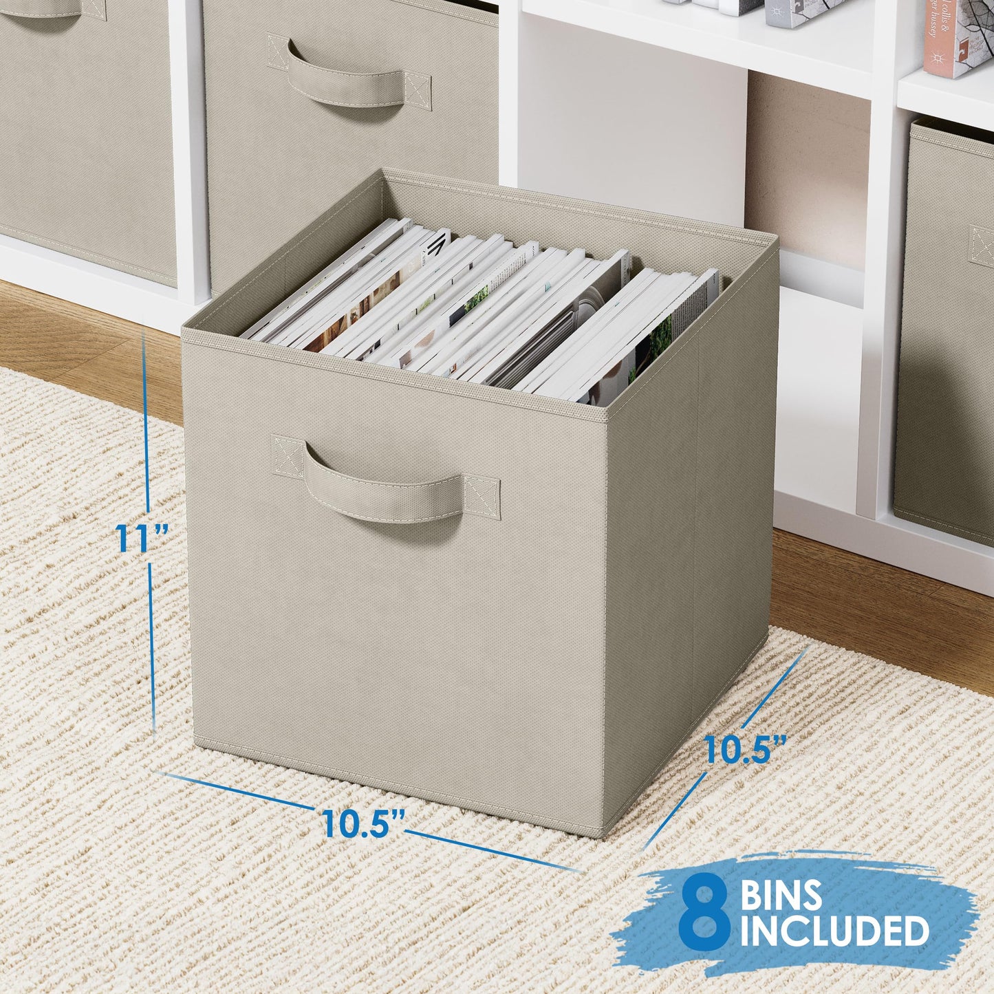 Royexe Set of 8 Foldable Fabric Storage Cube Bins | Collapsible Cloth Organizer Baskets Containers | Folding Nursery Closet Drawer | Features Dual Handles | More Beautiful Colors Available (Beige)