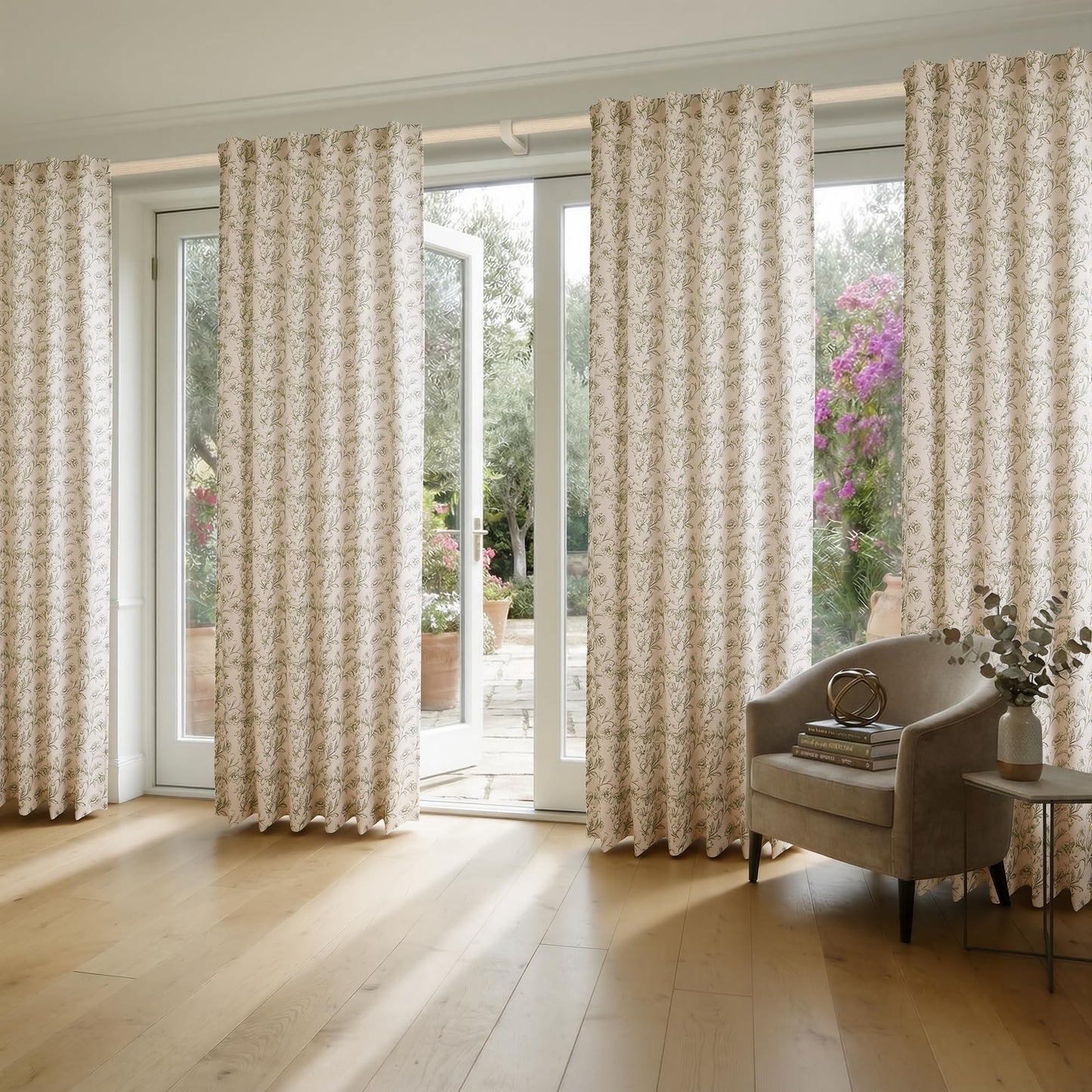 XWZO Green Floral Curtains 84 Inch Length Farmhouse Linen Curtain for Living Room Vintage Flower Botanical Patterned Curtains Rod Pocket Back Tab Bedroom Window Drapes Set 2 Panels