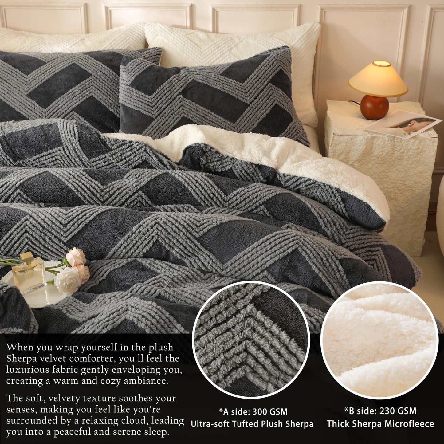 tohrisa Tufted Boho Comforter Set King - Grey Fluffy Sherpa Bedding Set, Soft Fuzzy Jacquard Quilt Set, 3 Pieces Cozy Bed Set Warm Comforter for Winter(104"X90")