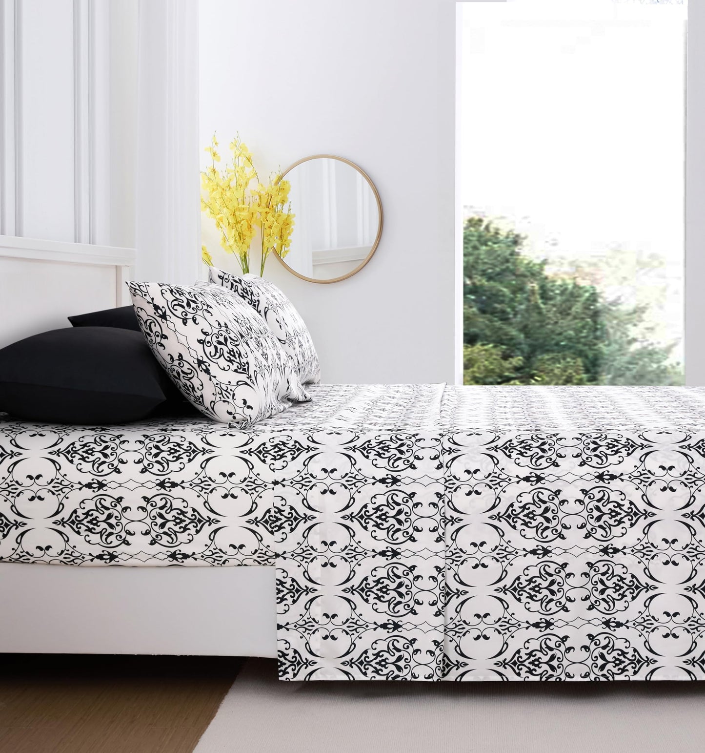 Spirit Linen home 6-Piece Queen Size Bed Sheet Set - Deep Pocket, Scroll Pattern, Soft and Breathable Bed Sheets, Microfiber Material, Includes 1 Fitted, 1 Flat, 4 Pillowcases - Black/White Scroll