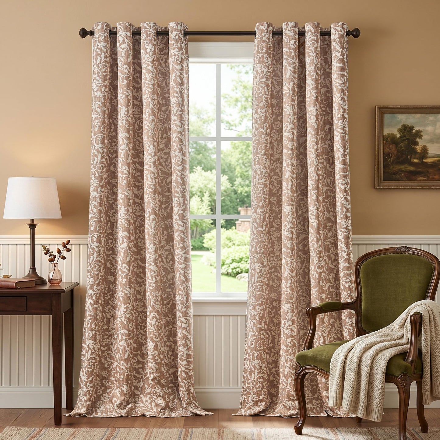 jinchan Vintage Curtains 96 Inch Long Cream Scroll Floral Warm Taupe Curtians for Living Room Bedroom Room Darkenign Drapes Thermal Insulated Classic Traditional Privacy Grommet Top 2 Panels