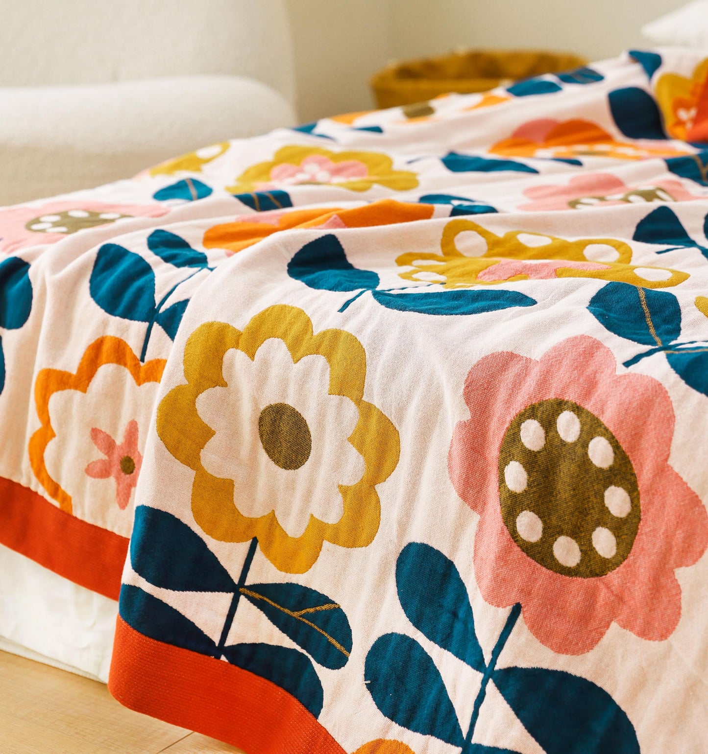 Scientific Sleep Retro Floral Modern Boho Flower Lively Bright Blanket Throw 100% Cotton Muslin for Kids Girls Bed Couch Sofa Cozy Soft Reversible Quilt Bedspread Coverlet Full Queen 80 in x 90 in