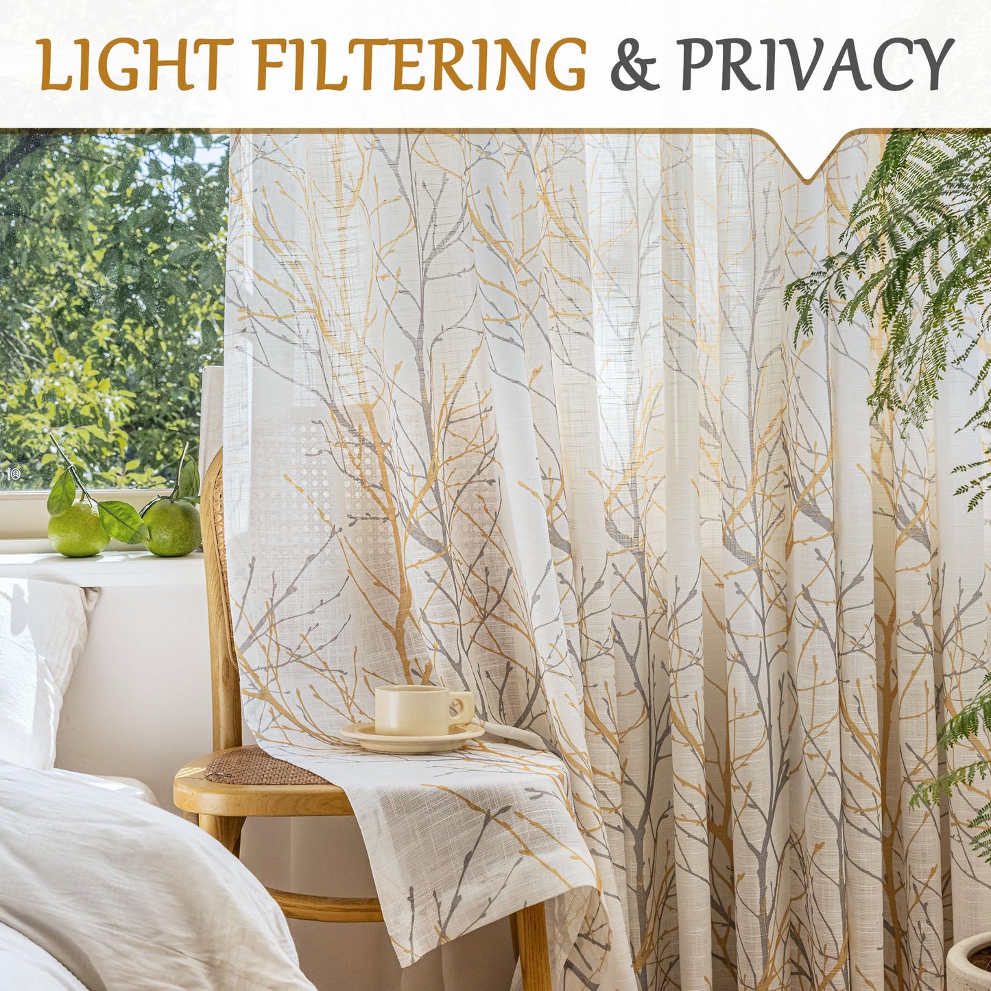FMFUNCTEX Linen Semi Sheer Curtains for Bedroom, Yellow White Curtains 84 Inches Long for Living Room, Grey Tree Branch Print Curtain Light Filtering Farmhouse Window Drapes, Grommet Top 2 Panels