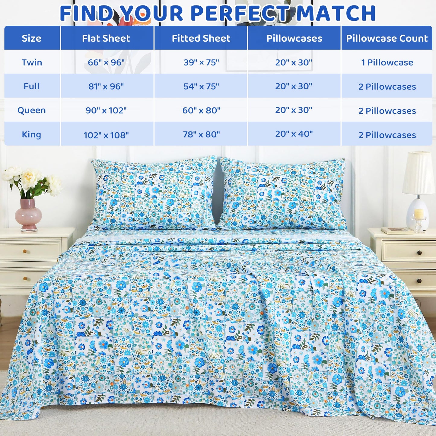 Mooreeke Cozy Pastoral Microfiber Printed Full Sheet Set - Soft & Breathable Blue Green Floral Patchwork Bed Sheets with Extra Deep Pocket - Non-Slip Fitted Design - Floral Patchwork Pattern - Full
