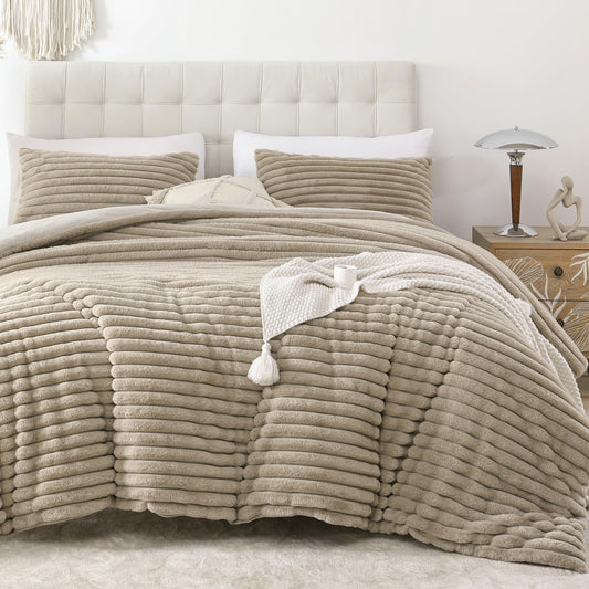 Smoofy Fluffy King Size Comforter Set 3 Pieces - Linen Fleece Fluffy Comforter Set, Luxury Fuzzy King Bedding Set, Soft King Bed Set All Season, Heavy Faux Fur Comforter with 2 Pillow Cases