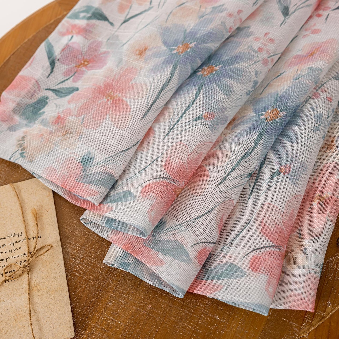 SUOUO Red Floral Semi Sheer Curtains Linen Textured for Living Room 84 inches Long Rod Pocket Print Grey Blue Leaf Window Drapes for Bedroom 2 Panels