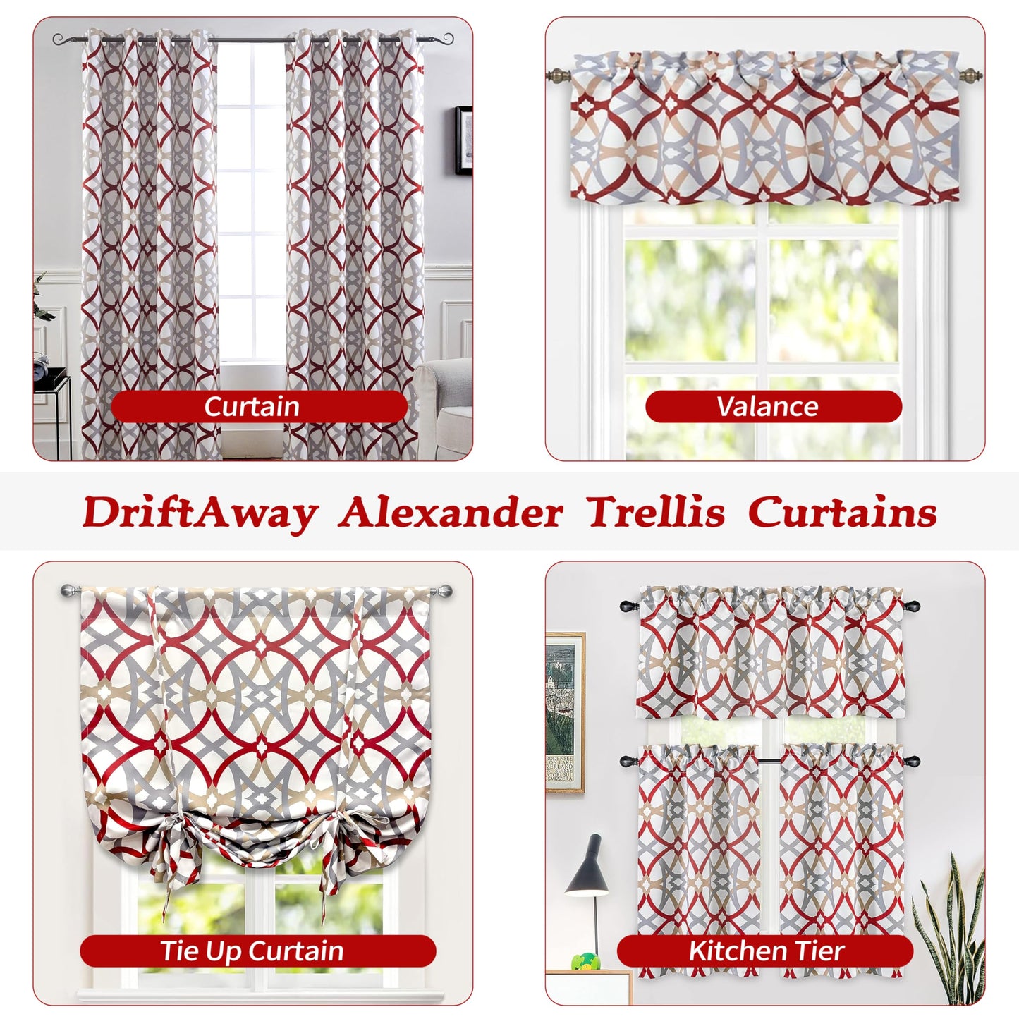 DriftAway Alexander Blackout Valances for Windows Thermal Insulated Kitchen Topper Geometric Moroccan Mid Century Pattern Match Thick Bathroom Curtain Valance Rod Pocket 52 Inch by 24 Inch Red/Gray