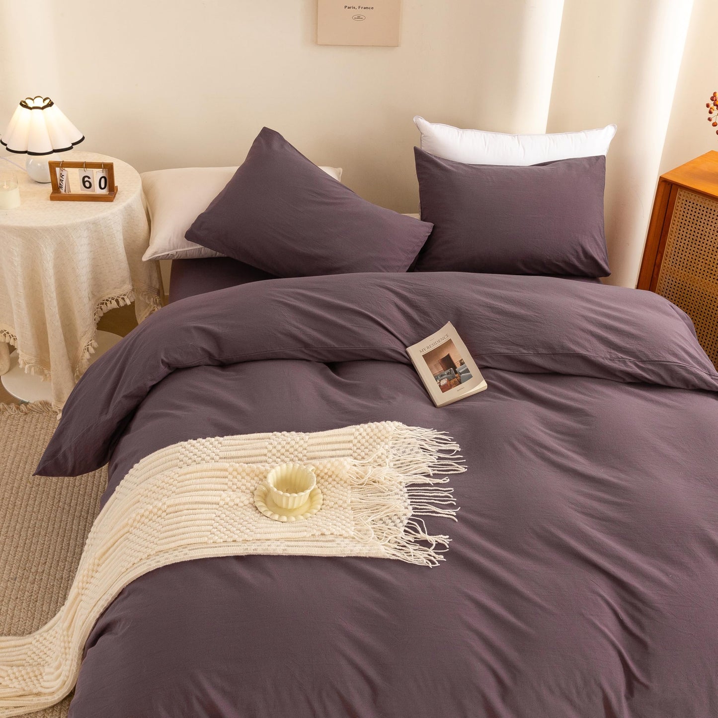 ECOCOTT Lilac Purple Duvet Cover Queen, 100% Washed Cotton 3 Piece Duvet Cover Sets 1 Duvet Cover with Zipper and 2 Pillowcases Bedding Set(Lilac Purple,Queen)