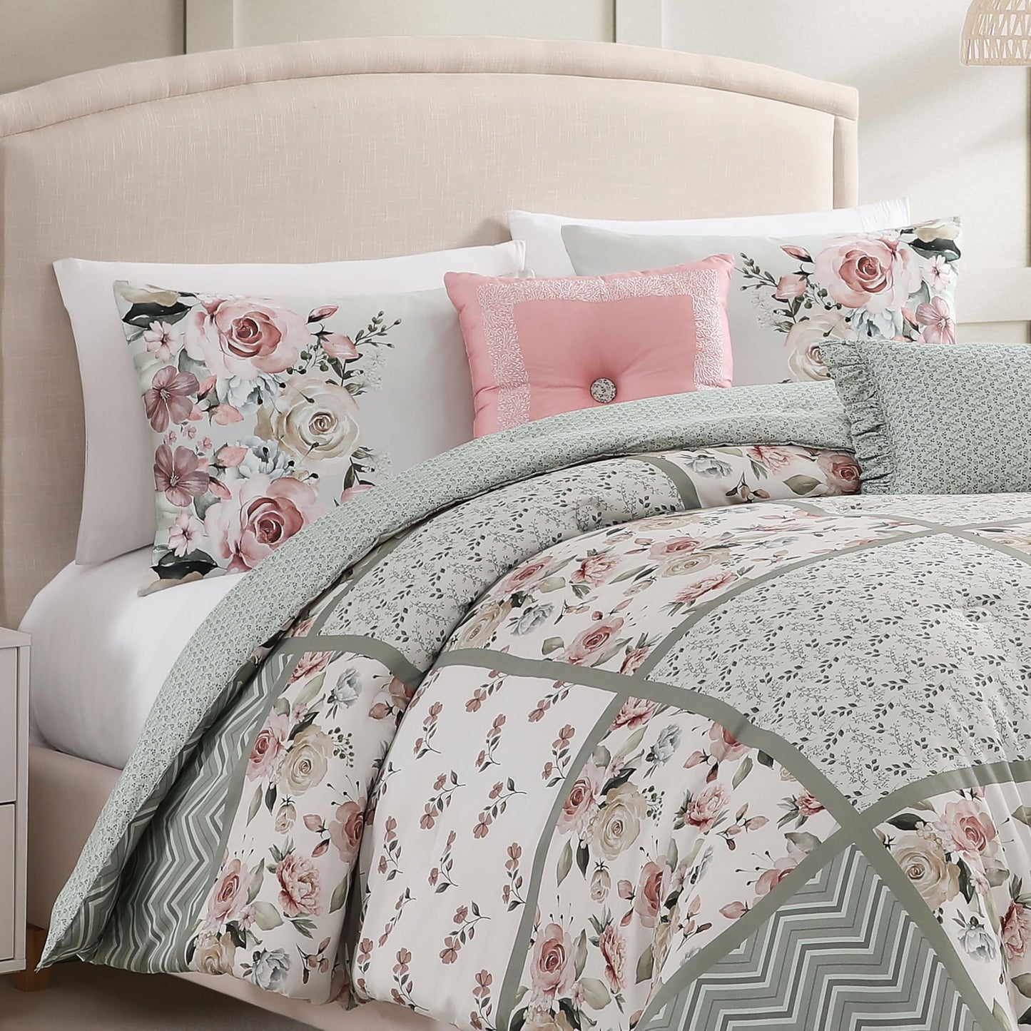 Bebejan Sage Serenity 5 Piece Reversible Comforter Set, 100% Cotton Sateen, 220 Thread Count, Bedding Comforter Set, 1 Comforter, 2 Shams & 2 Pillows (King/Cal King)