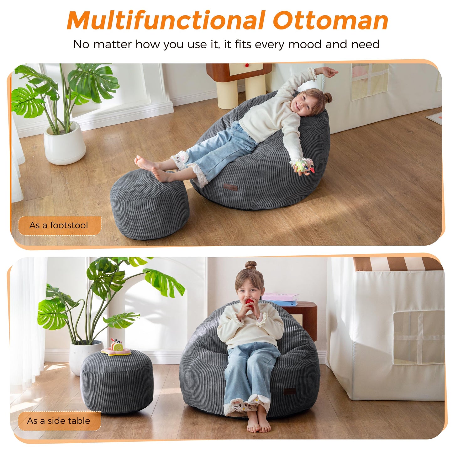 MAXYOYO Kids Bean Bag Chair with Ottoman, Soft Floor Bean Bag Sofa, Dark Grey