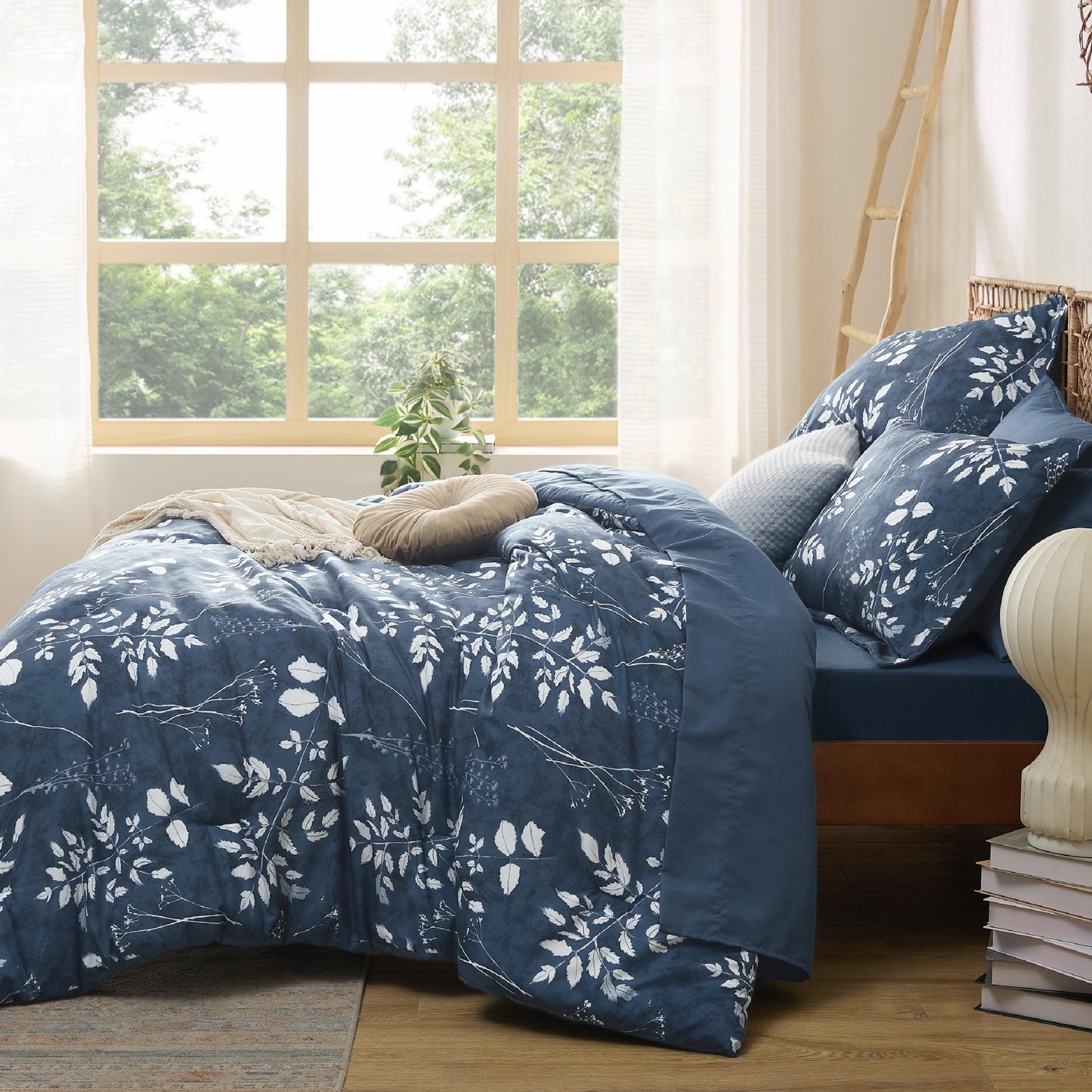 Bedsure Queen Comforter Set - 7 Pieces Floral Navy Soft Bedding Sets, Queen Bed in a Bag with Botanical Flowers Comforter, Sheets, Pillowcases & Shams