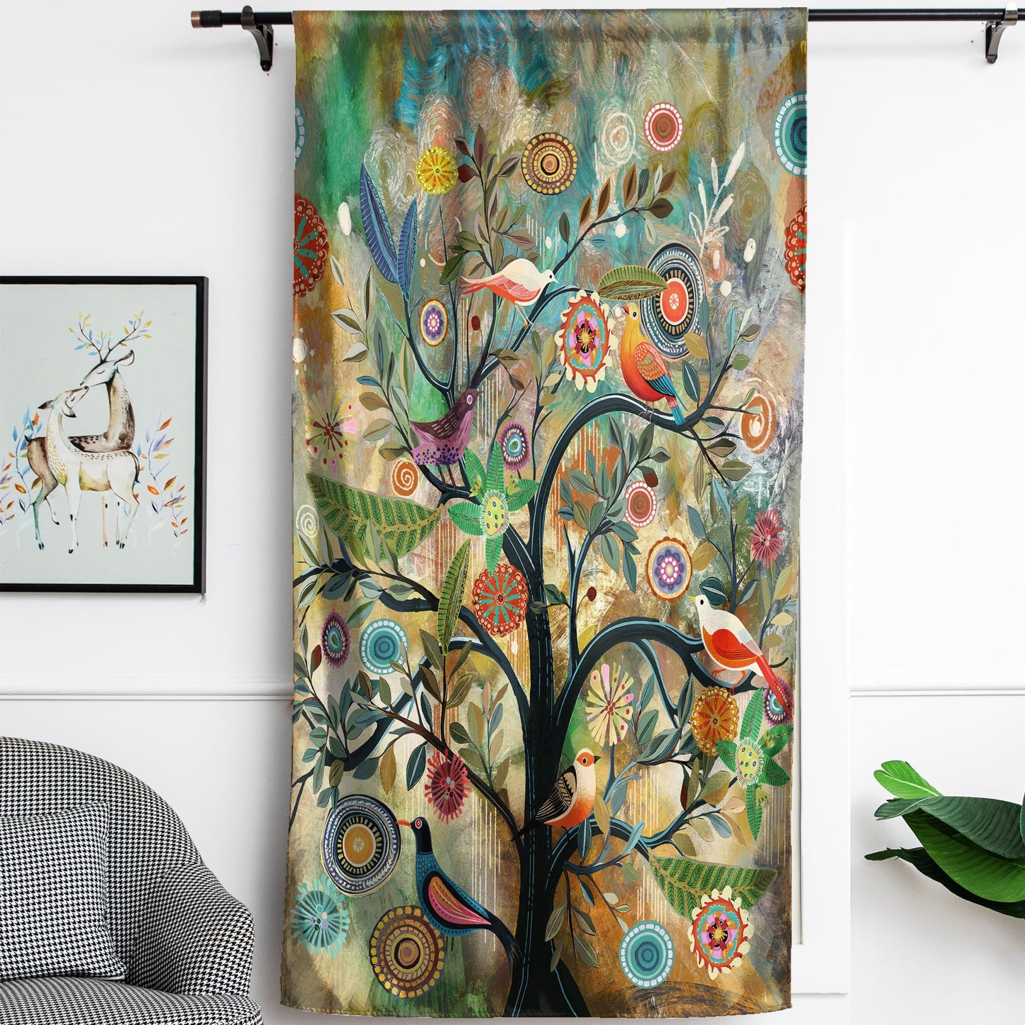 HMS Happy Memories Rod Pocket Door Curtains Thermal Insulated Room Darkening Curtains Blackout Floral Style Drapes Window Curtain 1 Panel for Living Room Bedroom Kitchen(Dark Green Tree 52" x 84")
