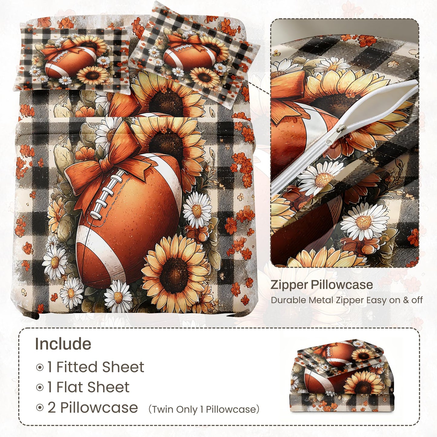 Football Queen Sheet Set 4 Pcs Sunflower Bed Sheets, Brown