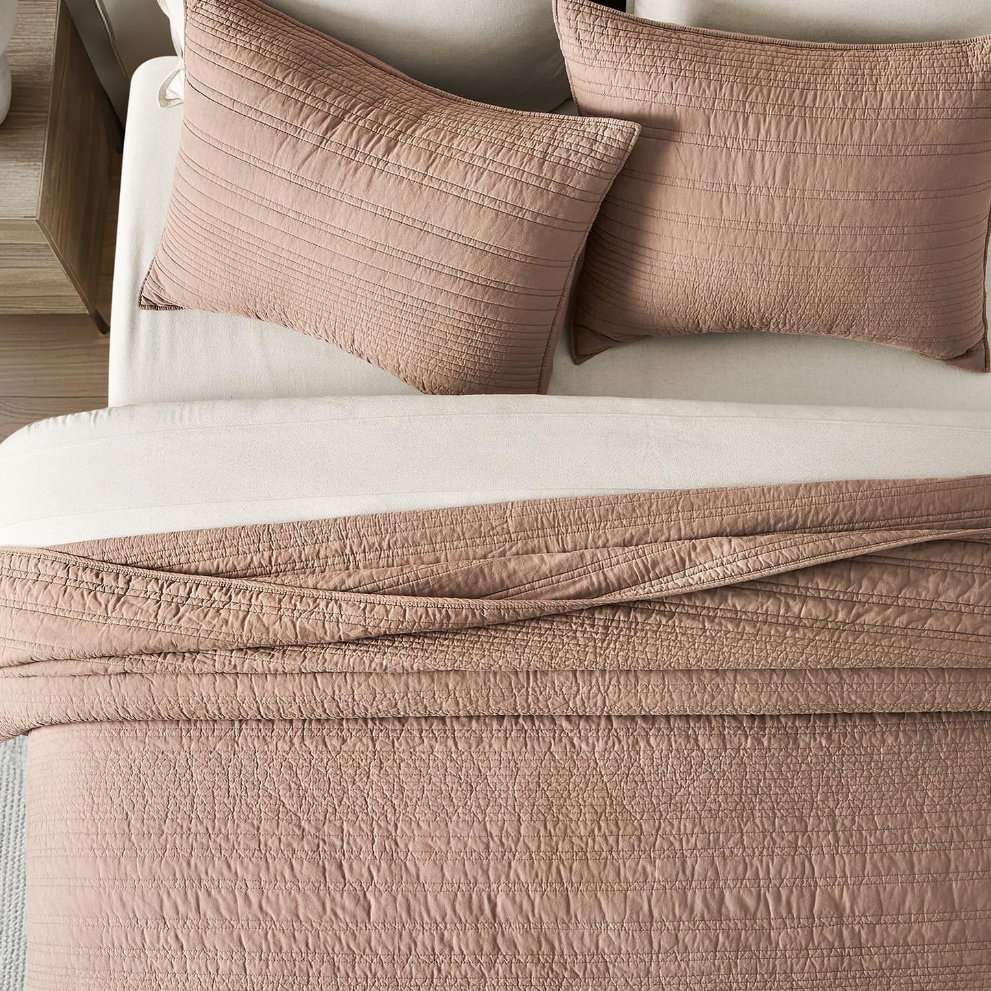 EVERGRACEHOME 100% Cotton Modern Lines Quilt Set King Size, Pre-Washed Soft Striped Coverlet Bedspread, 3 Piece Lightweight Bedding Set for All Season, with 2 Pillow Shams, Rose Dust