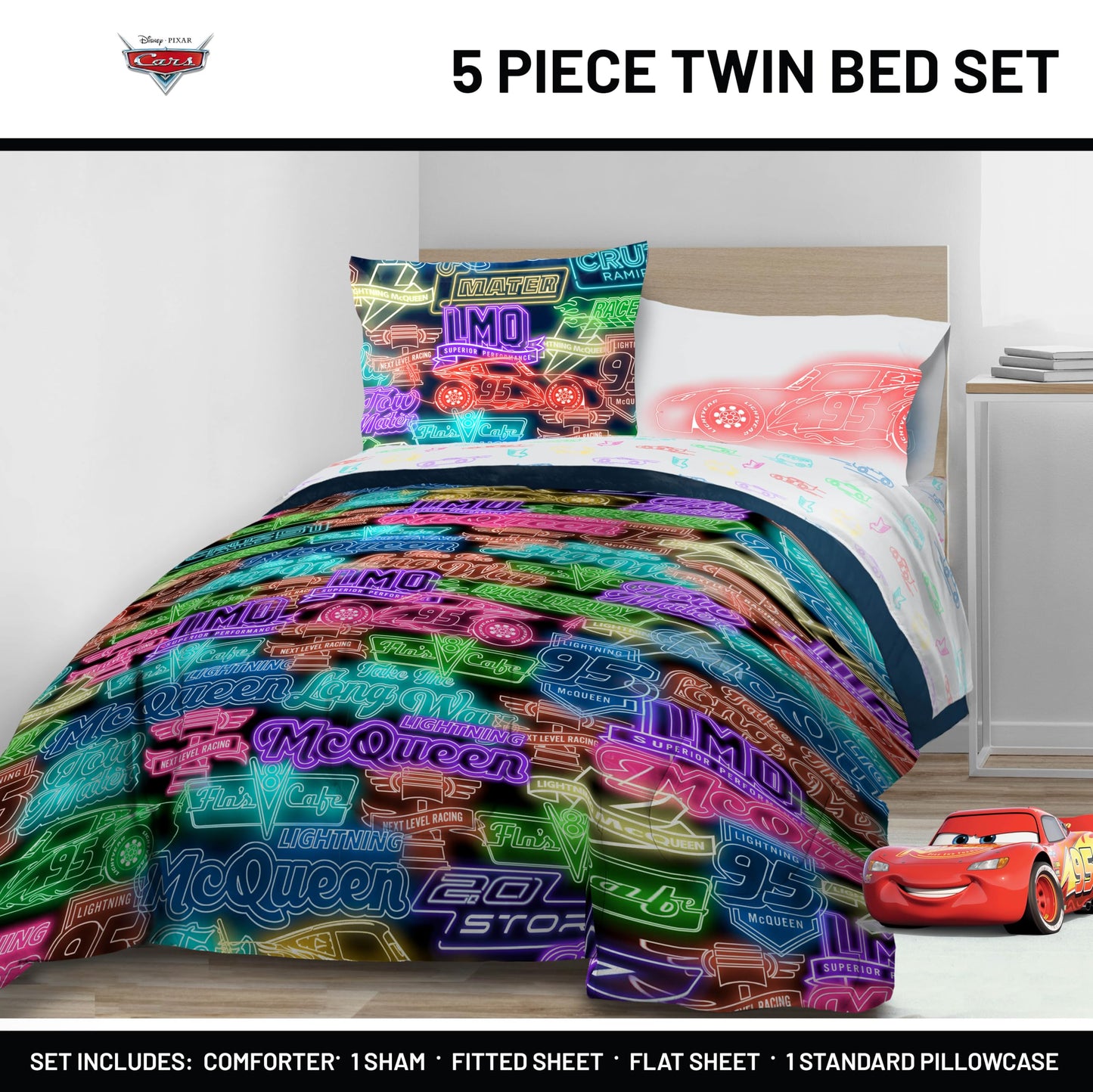 Jay Franco Kids Bed Set, Black, Cars, 5 Piece Twin