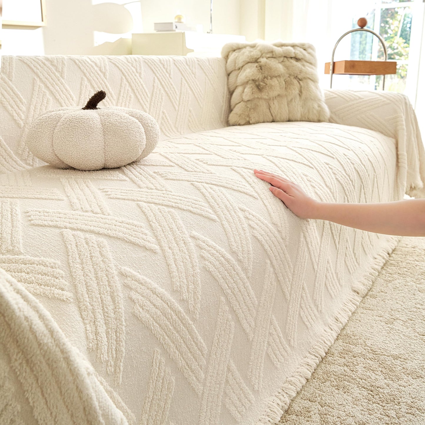 KaviKon Couch Covers for Dogs, Sofa Covers for 3 Cushion Couch, Plush Couch Blanket Cover Sectional Washable, Sofa Slipcover Protector, Slip Covers for Sofas High Weight Warm, Chevron Cream, 71" ×118"