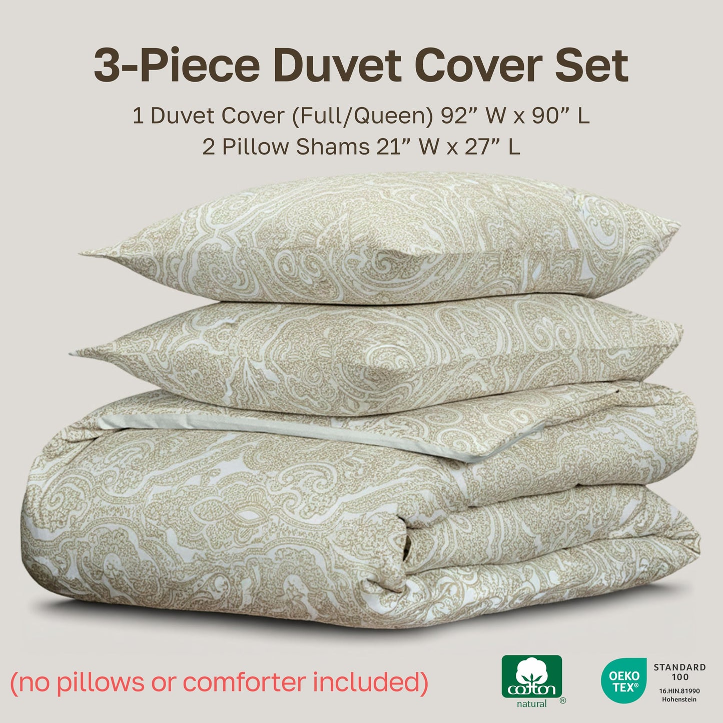 California Design Den Full/Queen Size Duvet Cover Set, 400 Thread Count 100% Cotton, Sateen Comforter Cover & 2 Pillow Shams Bedding Queen Size Set, Button Closure, Corner Ties (Paisley Beige)