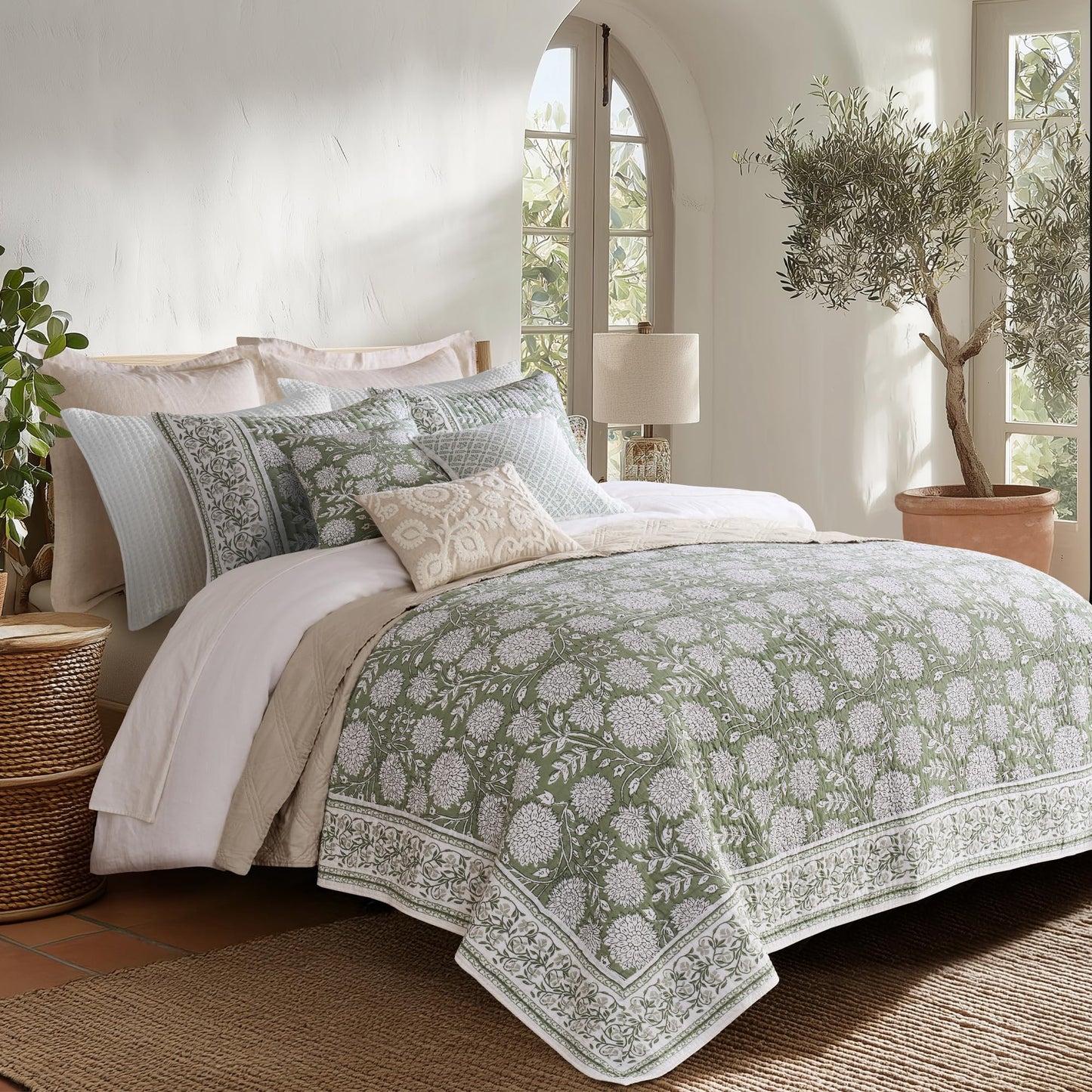 Levtex Home Adare Sage Reversible Full/Queen Quilt Set (88x92in) with 2 Pillow Shams (26x20in) - Floral Bedding - Sage White - Cotton Full/Queen Size Quilt Bedding Set - Lightweight, Soft, Pre-Washed