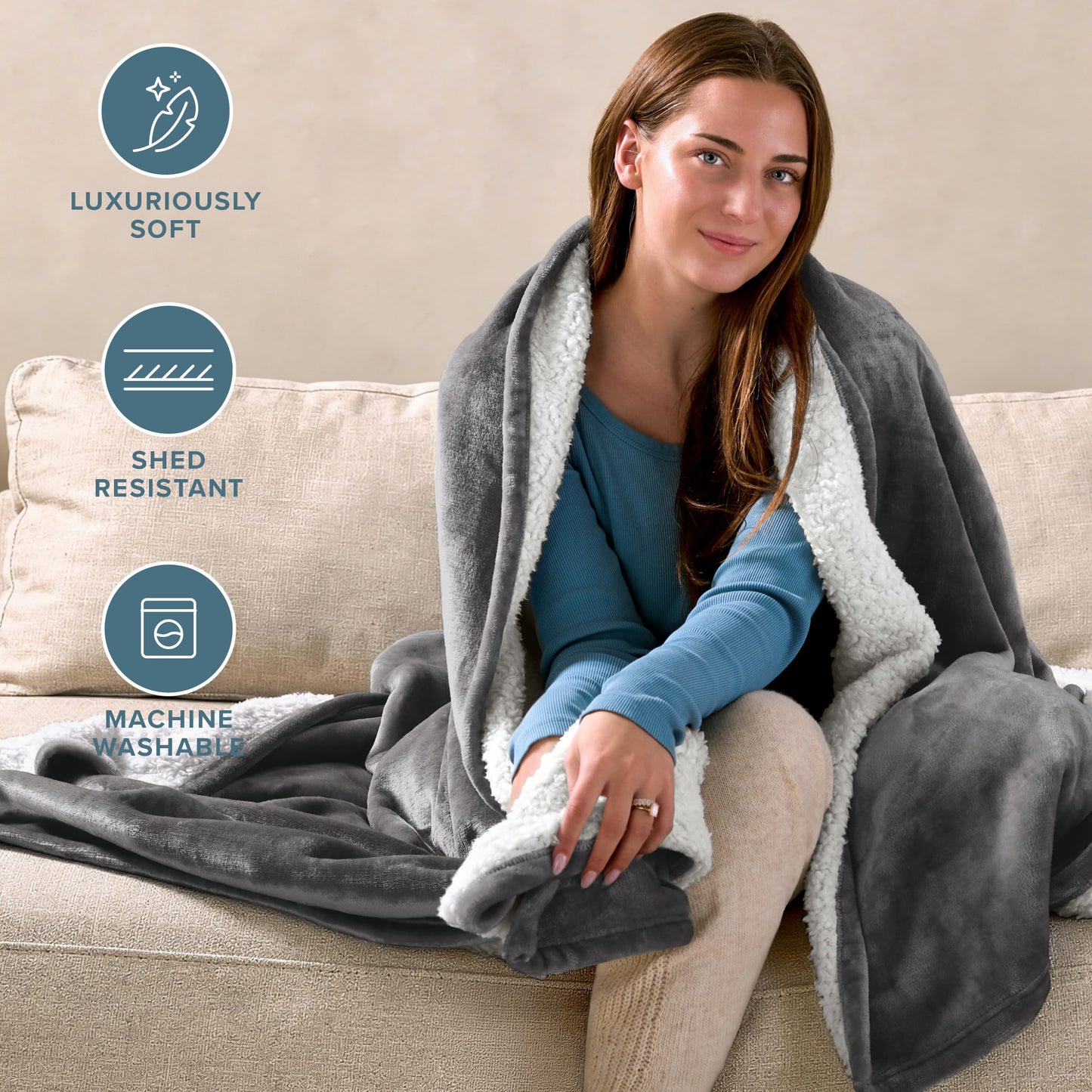 Bare Home Sherpa Fleece Blanket - Full/Queen Size - Blanket for Bed, Sofa, and Couch - Warm & Lightweight - Fluffy & Soft - Reversible (Full/Queen, Grey)