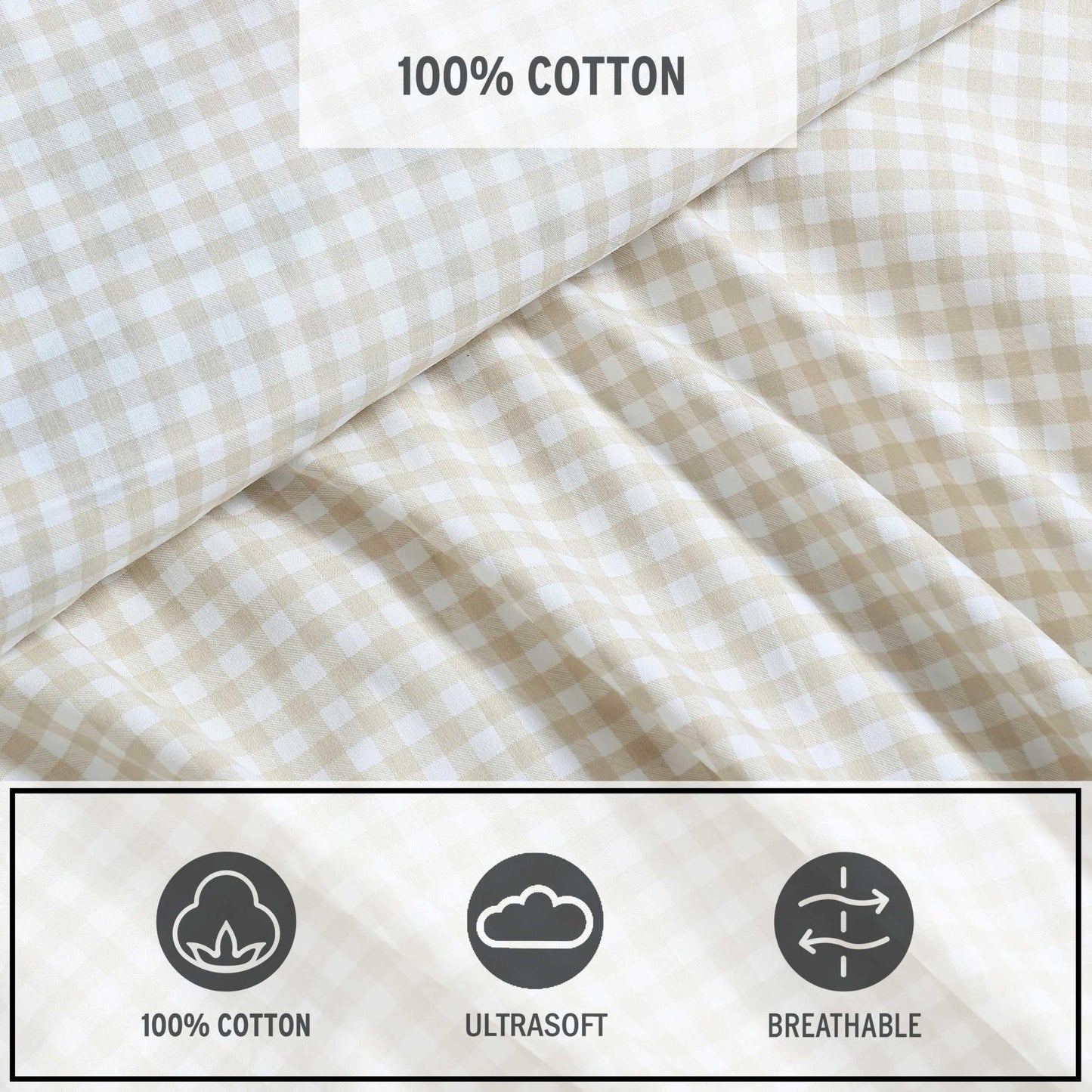 Eddie Bauer - Twin Size Sheet Set, 100% Cotton Percale Bedding, Crisp & Breathable Bed Sheets, Fully Elastic Fitted Sheet with Pillowcase (Little Gingham Beige)