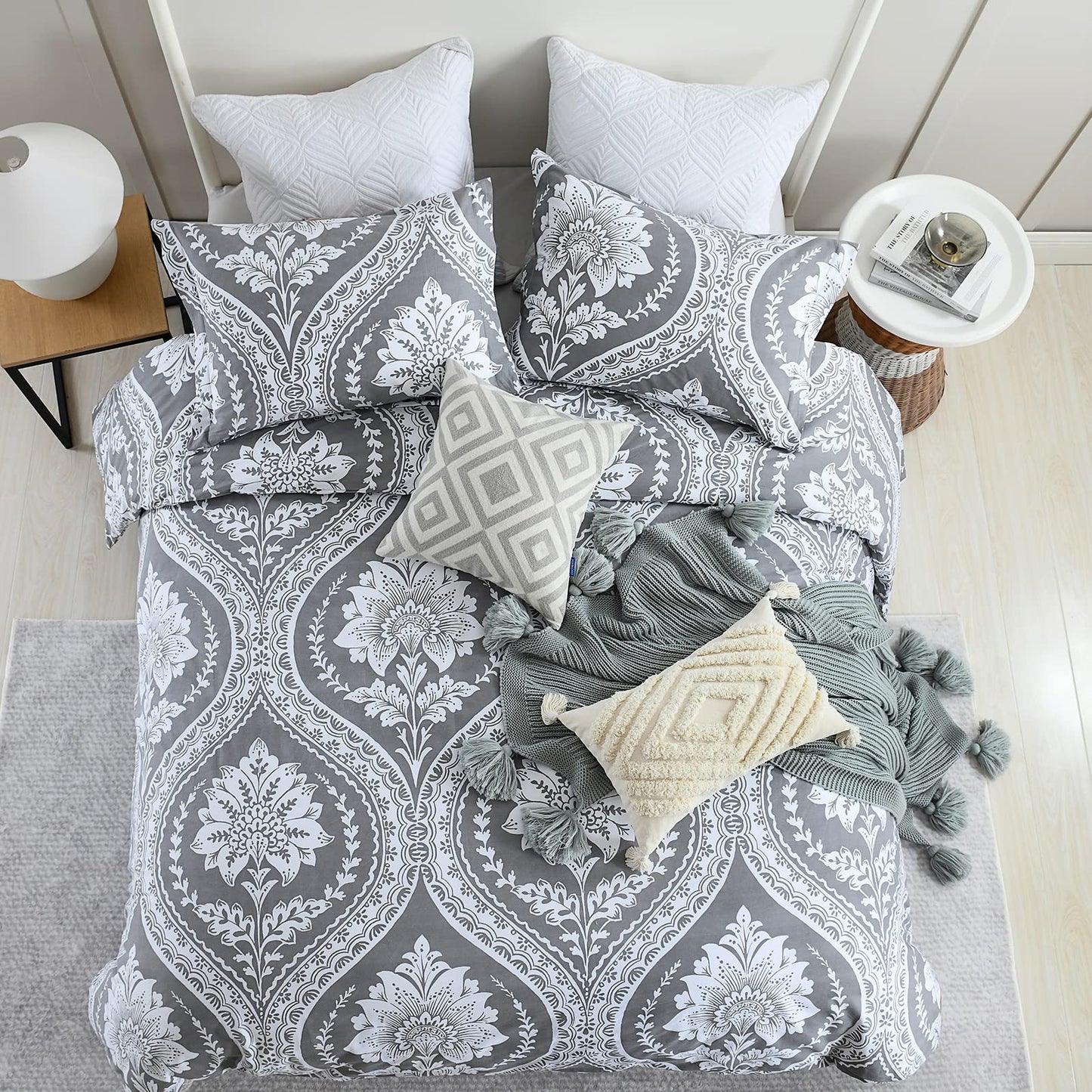 CozyDH Cotton King Size Duvet Cover Paisley Print, Reversible Damask Medallion Percale Duvet Cover Set 3pcs Bed Cotton Quilt Cover, Cotton Soft Breathable Bedding (King, Grey White Floral)