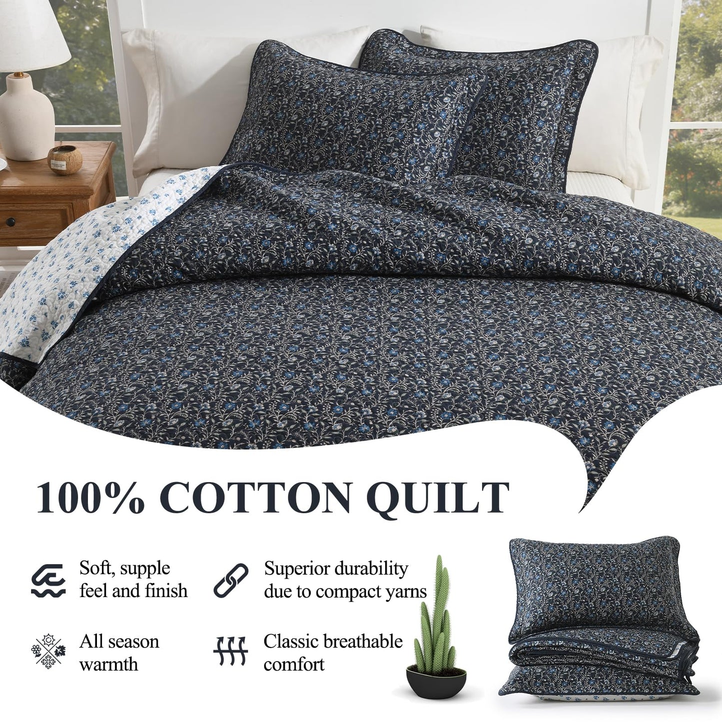 DDUOXIN Botanical Queen Quilt Set - 100% Cotton Reversible Plant Floral Quilts with 2 Pillow Shams, Curling Leaves Lightweight Bedspread Bedroom Bedding for All Seasons, Navy Blue/Blueberry/Bluesteel