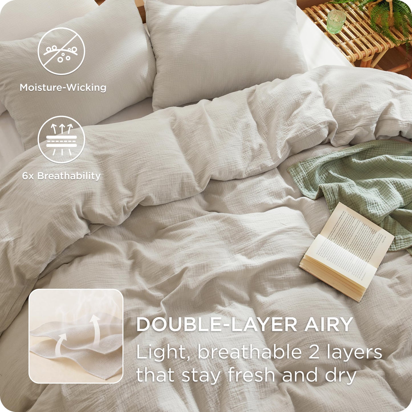 Bedsure 100% Muslin Cotton Duvet Cover King Size - Ultra-Soft Gauze Duvet Cover, PureWoven Breathable & Lightweight Bedding Set with Button Closure and Corner Ties (Linen, King, 104"x90")