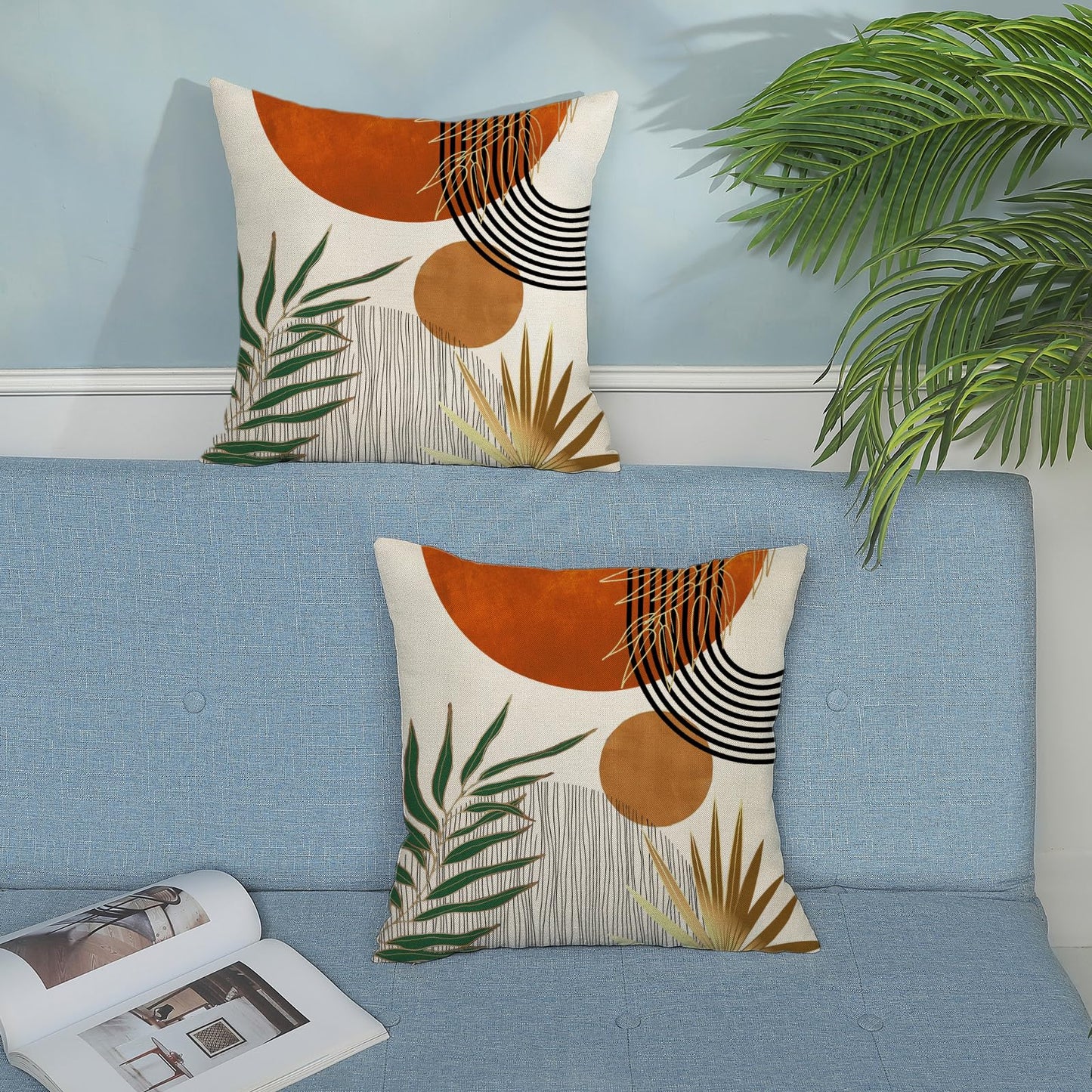 Boho Pillow Covers 18x18 Set of 2 Green Gold Orange Throw Pillows Tropical Leaves Sunset Decor Modern Mid Century Pillowcase Outdoor Decorations Bohemian Linen Cushion Case for Couch Sofa Bed