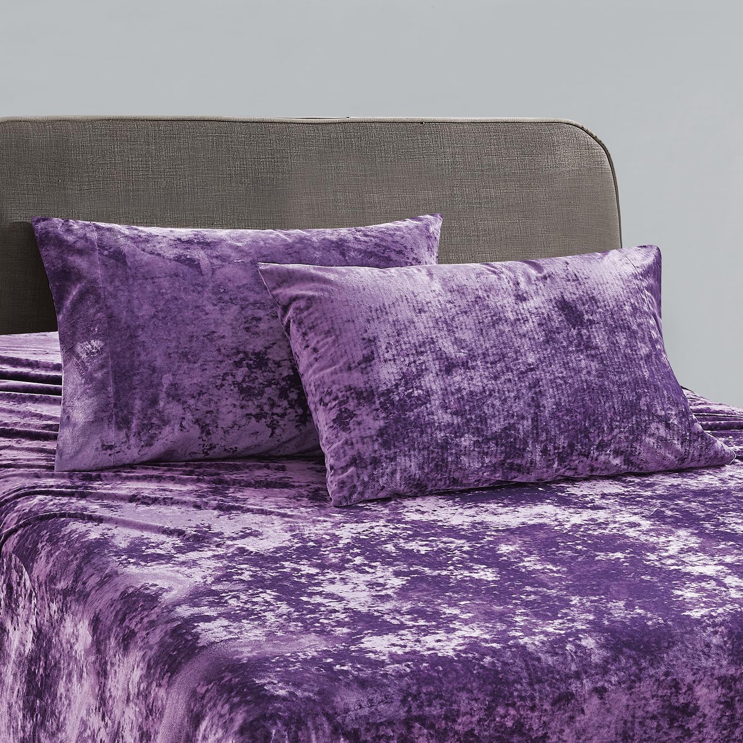 Fredsure Distressed Velvet Sheet Set, 4 Pieces Purple Queen, Ultra Soft, Warm