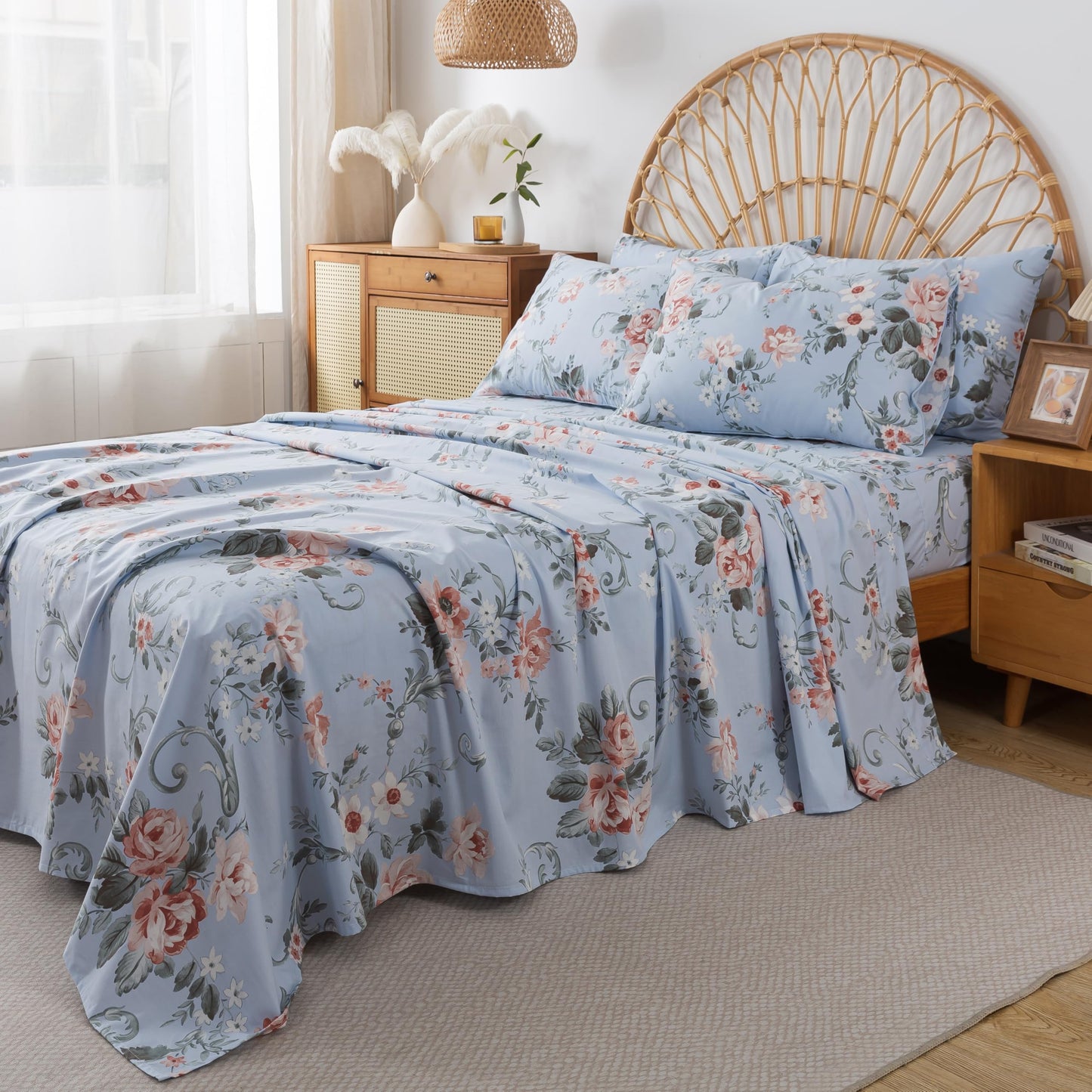 FADFAY Queen Sheets Set Percale Cotton Floral Bed Sheets Deep Pocket Fitted Sheet, Luxury Pink Roses and White Small Flowers Pattern Shabby Vintage Countryside Style Bedding,4Pcs