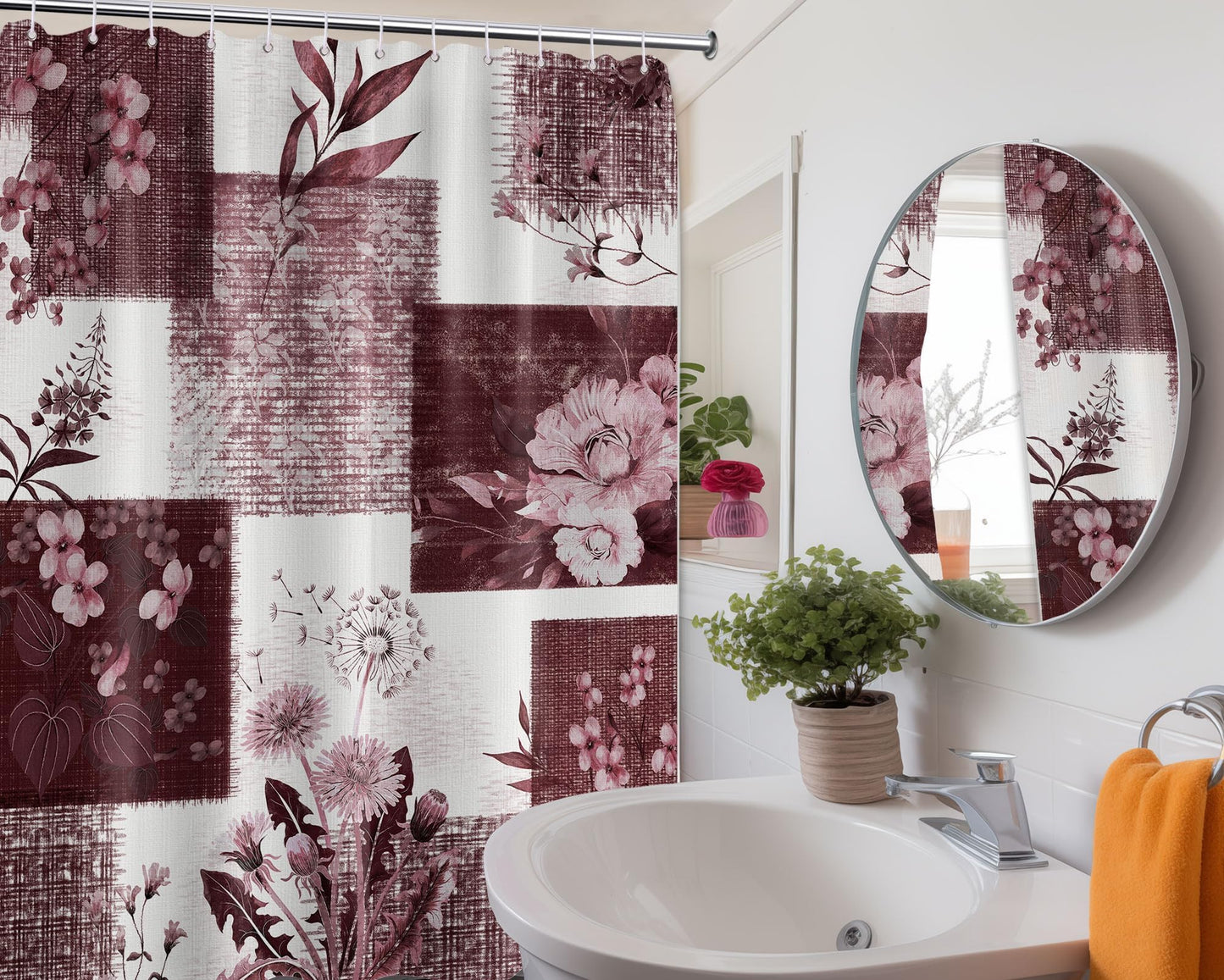 DLTAY Burgundy Patchwork Shower Curtain, 70 X 72 Inches