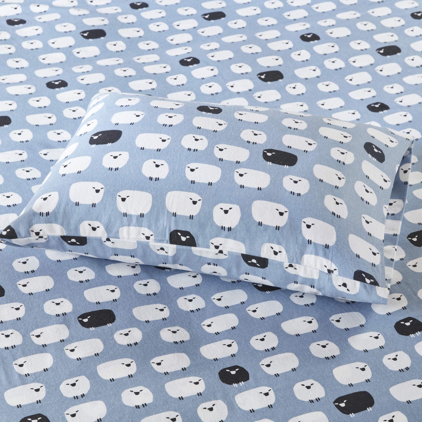 Woolrich Cotton Sheet Set Cottage Charms Print, 100% Cotton Flannel Sheets Warm & Fuzzy Bedding Set Queen Size Sheets, Fitted Pocket Fits Up to 14" Mattress, Queen Blue Sheep, 4 Piece