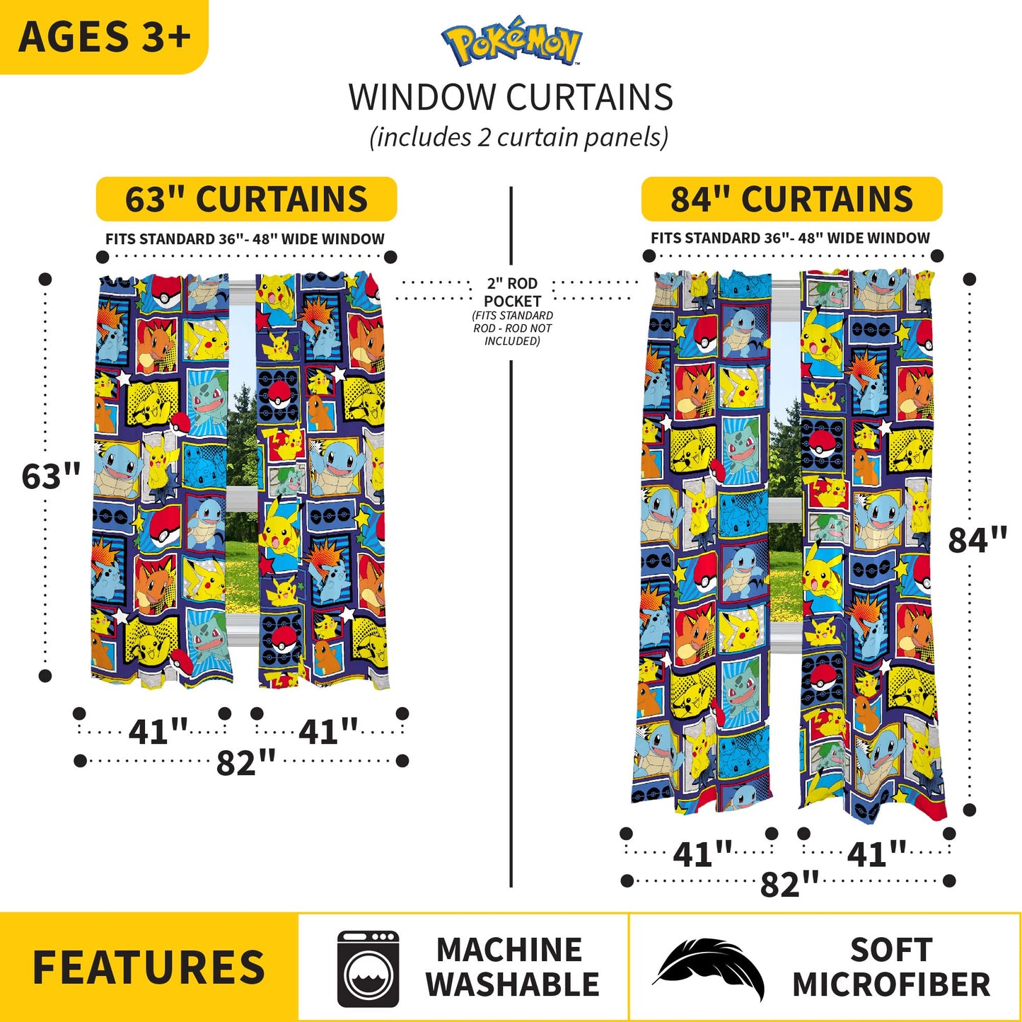 Pokémon Kids Room Window Curtains Drapes Set, 82 x 63 in, (Officially Licensed Product) by Franco